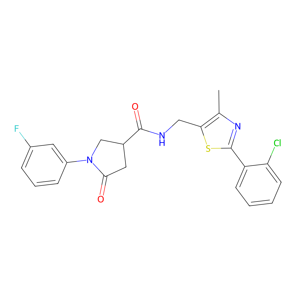 N-((2-(2-chlorophenyl)-4-methylthiazol-5-yl)methyl)-1-(3-fluorophenyl)-5-oxopyrrolidine-3-carboxamide molecular structure, CAS 1421445-22-8