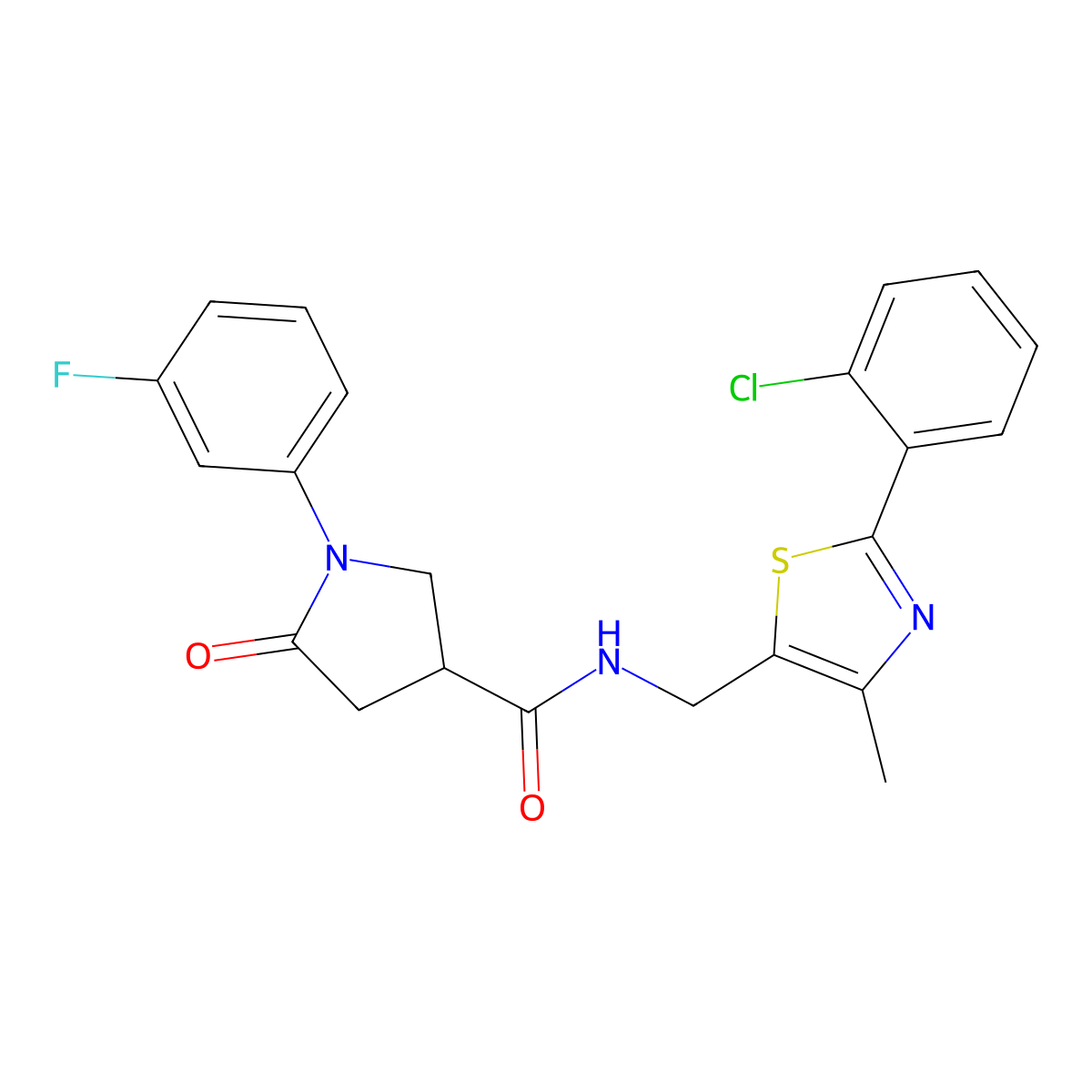 N-((2-(2-chlorophenyl)-4-methylthiazol-5-yl)methyl)-1-(3-fluorophenyl)-5-oxopyrrolidine-3-carboxamide molecular structure, CAS 1421445-22-8