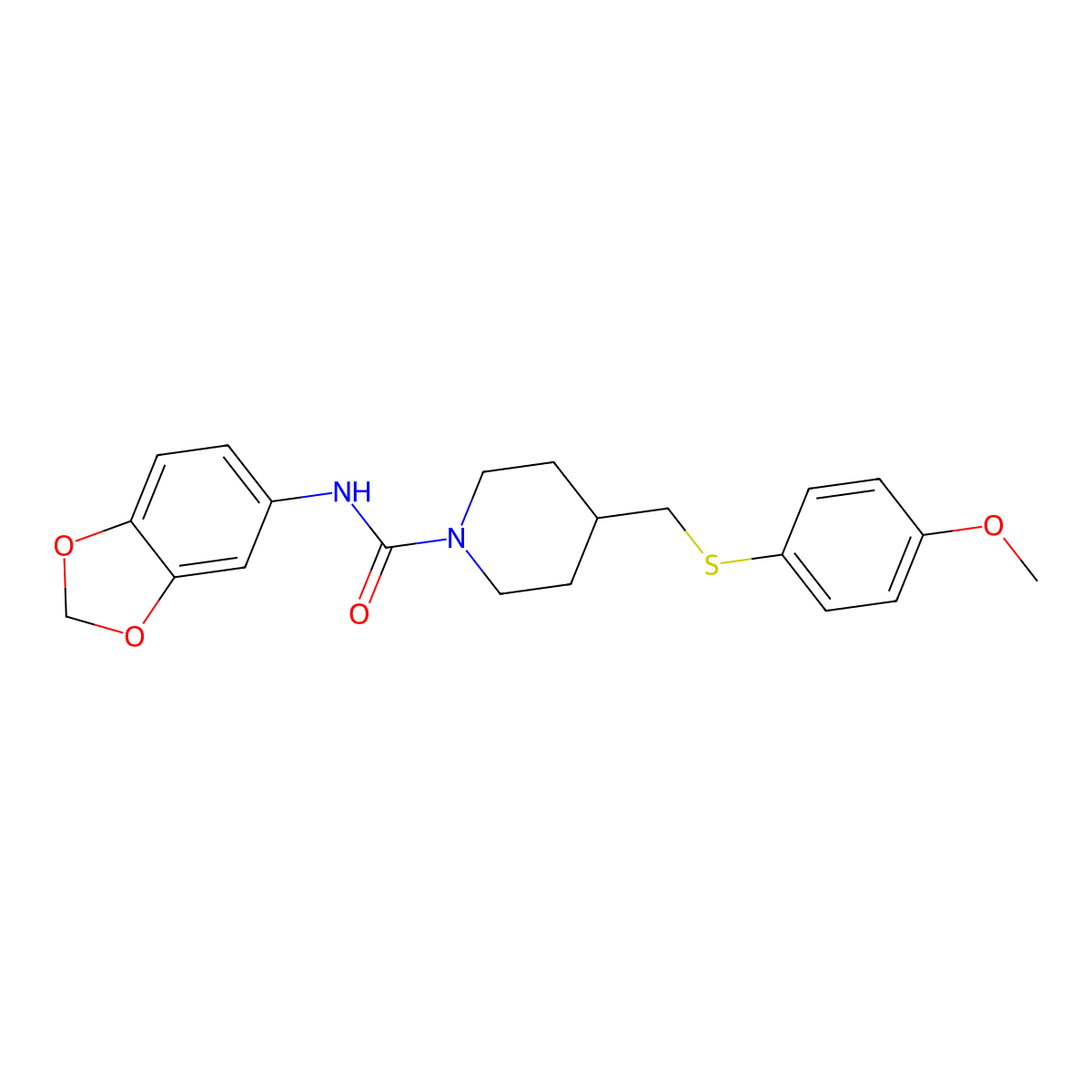 N-(benzo[d][1,3]dioxol-5-yl)-4-(((4-methoxyphenyl)thio)methyl)piperidine-1-carboxamide molecular structure, CAS 1421445-23-9