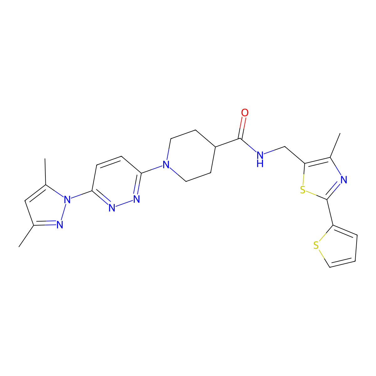 1-(6-(3,5-dimethyl-1H-pyrazol-1-yl)pyridazin-3-yl)-N-((4-methyl-2-(thiophen-2-yl)thiazol-5-yl)methyl)piperidine-4-carboxamide molecular structure, CAS 1421445-34-2