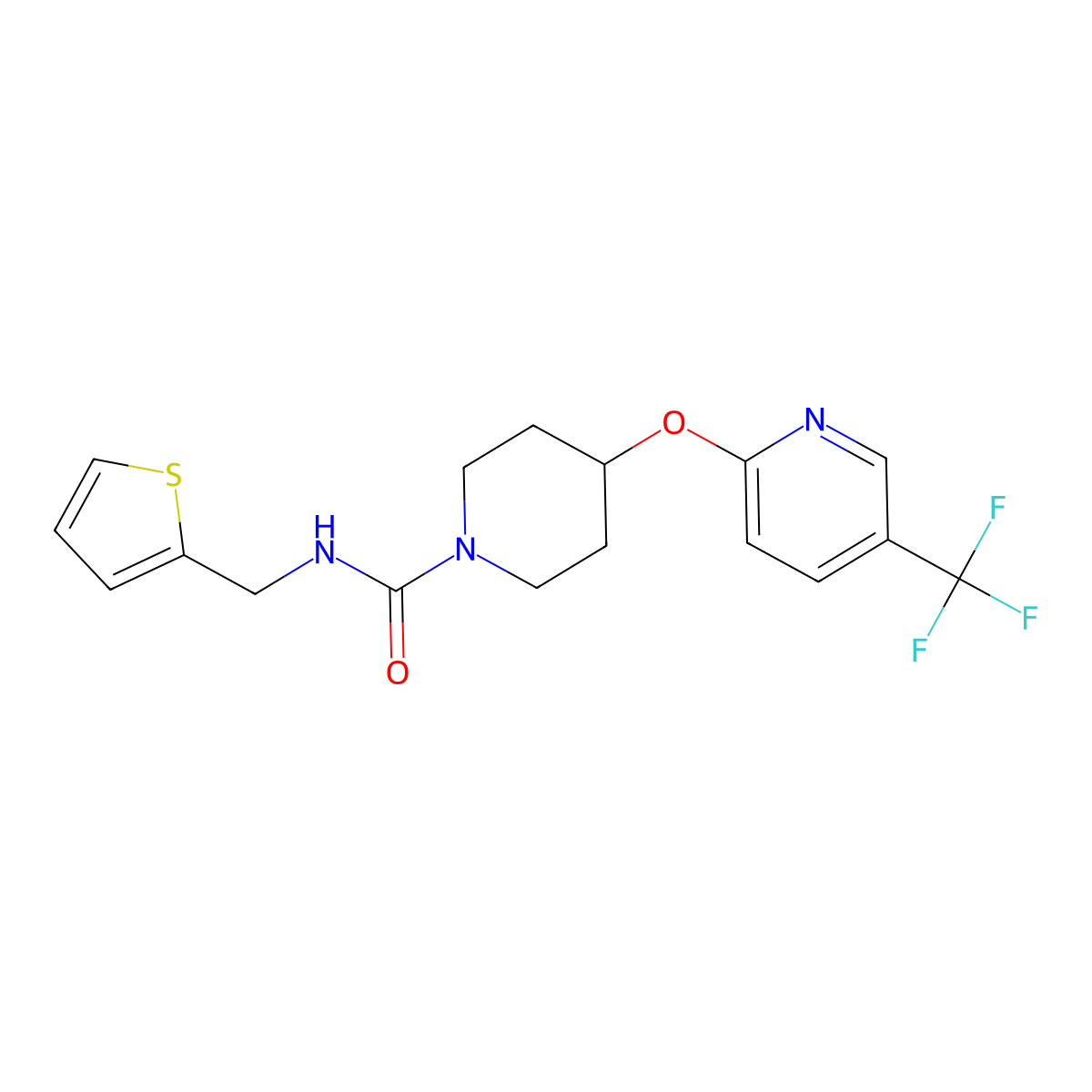 N-(thiophen-2-ylmethyl)-4-((5-(trifluoromethyl)pyridin-2-yl)oxy)piperidine-1-carboxamide molecular structure, CAS 1421445-49-9