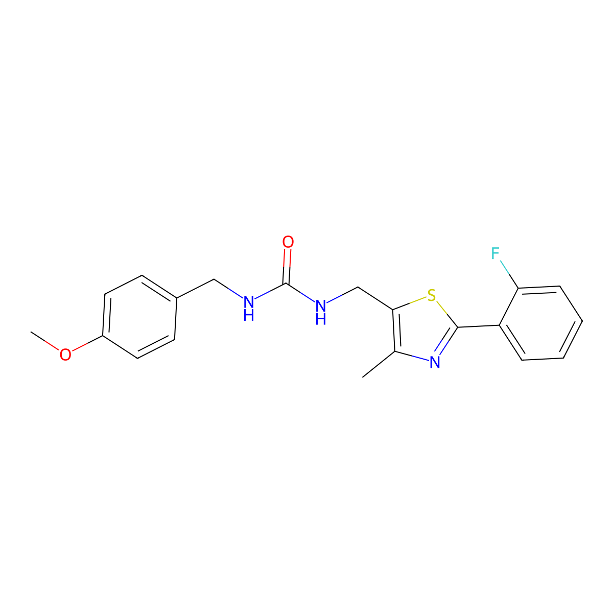 3-{[2-(2-Fluorophenyl)-4-methyl-1,3-thiazol-5-YL]methyl}-1-[(4-methoxyphenyl)methyl]urea molecular structure, CAS 1421445-50-2