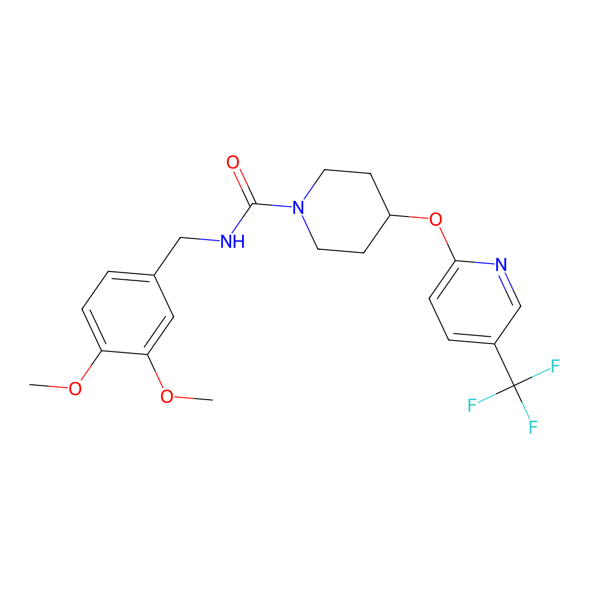 N-(3,4-dimethoxybenzyl)-4-((5-(trifluoromethyl)pyridin-2-yl)oxy)piperidine-1-carboxamide molecular structure, CAS 1421445-55-7
