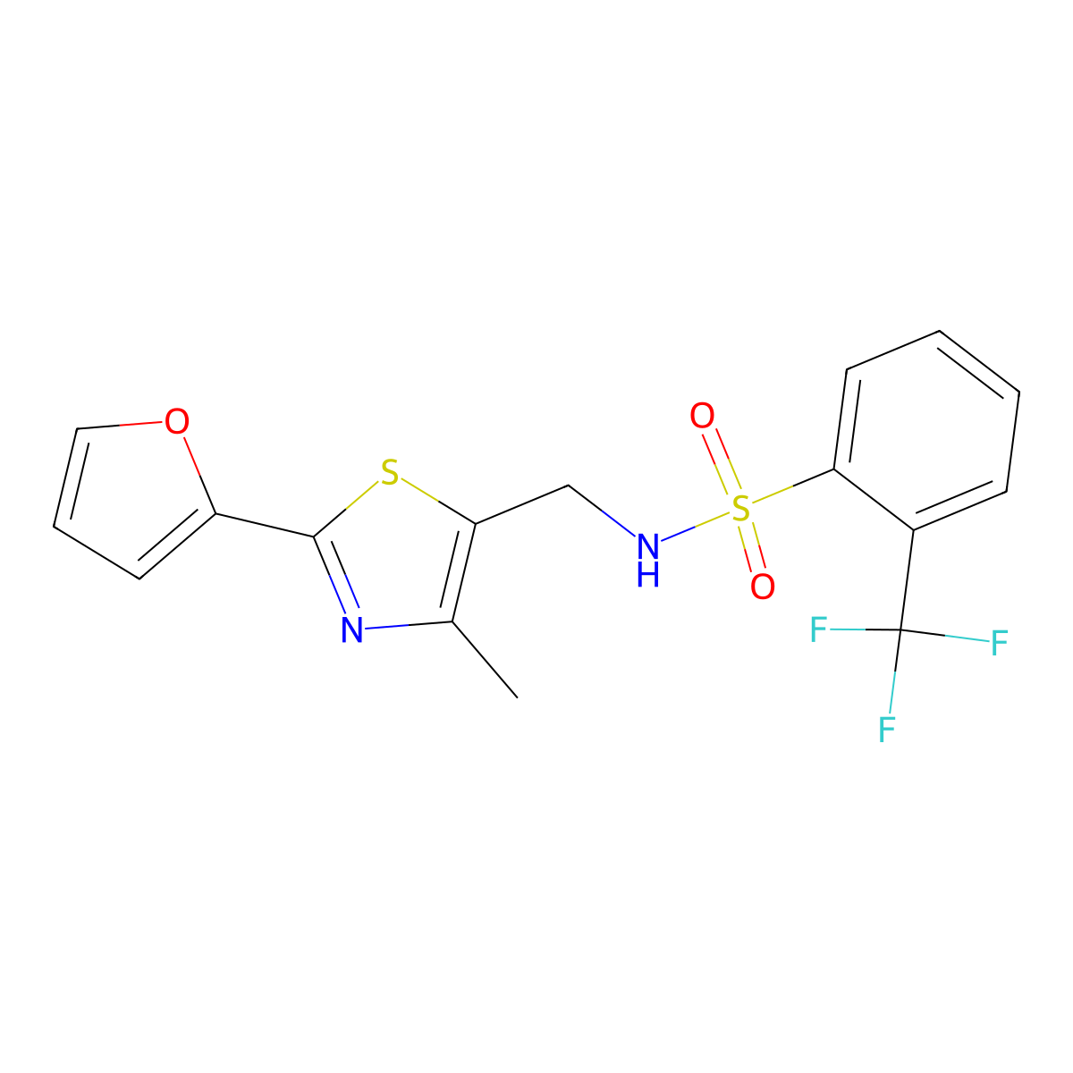 N-((2-(furan-2-yl)-4-methylthiazol-5-yl)methyl)-2-(trifluoromethyl)benzenesulfonamide molecular structure, CAS 1421445-59-1