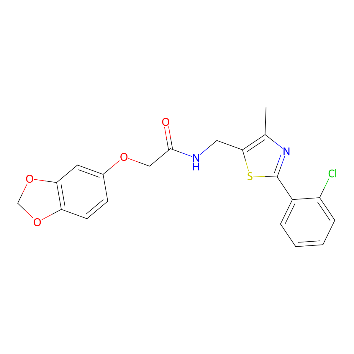 2-(benzo[d][1,3]dioxol-5-yloxy)-N-((2-(2-chlorophenyl)-4-methylthiazol-5-yl)methyl)acetamide molecular structure, CAS 1421445-61-5