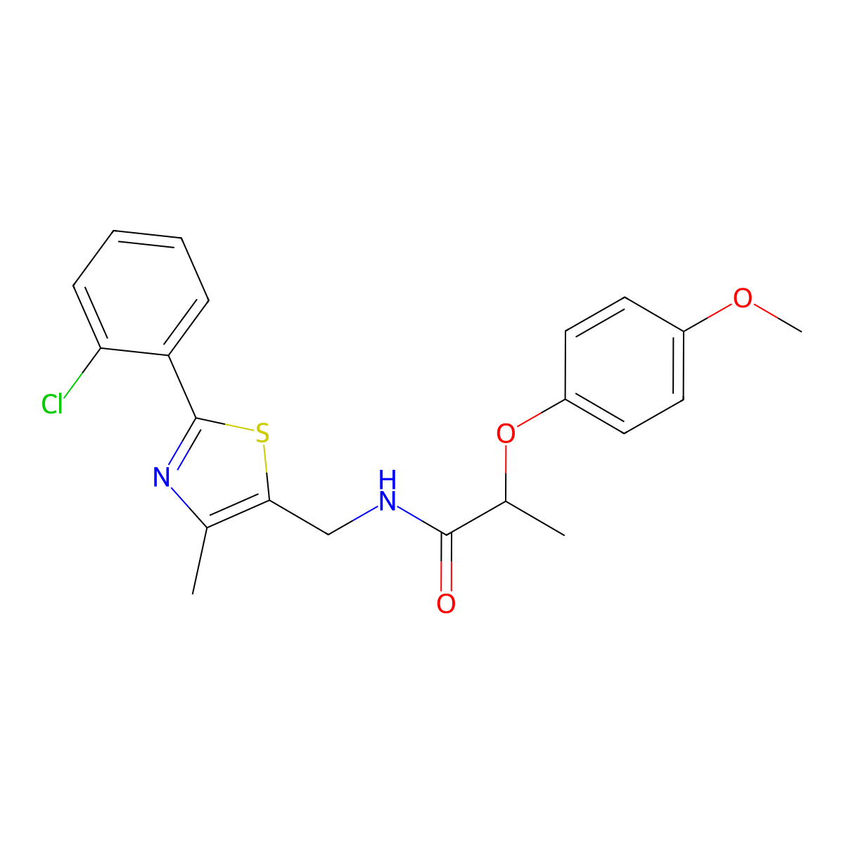 N-((2-(2-chlorophenyl)-4-methylthiazol-5-yl)methyl)-2-(4-methoxyphenoxy)propanamide molecular structure, CAS 1421445-70-6