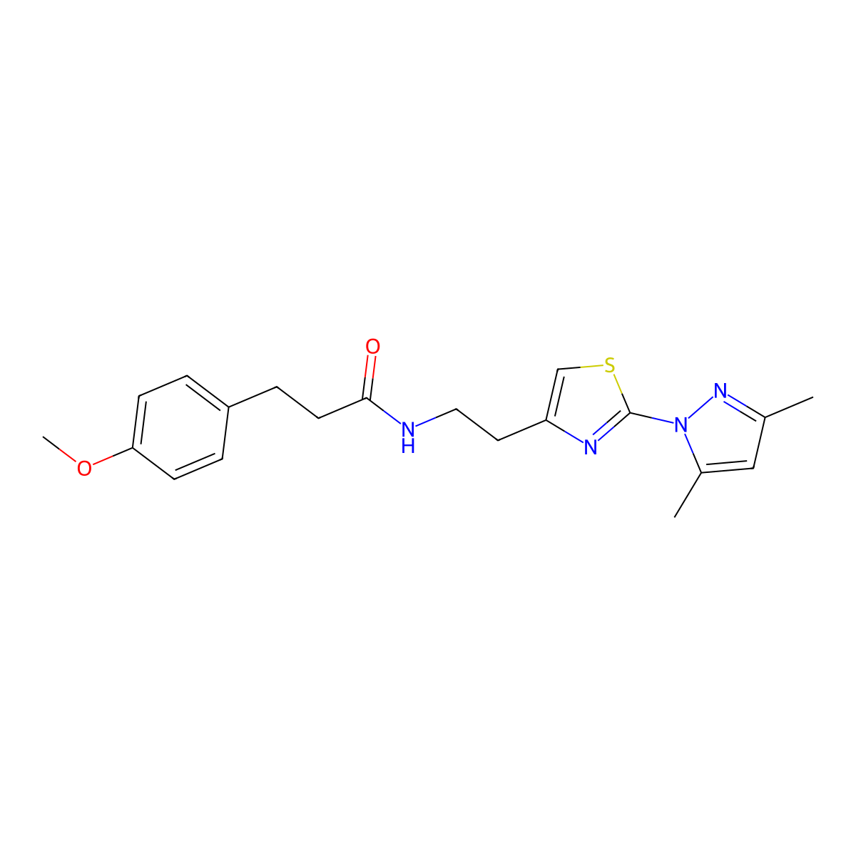 N-(2-(2-(3,5-dimethyl-1H-pyrazol-1-yl)thiazol-4-yl)ethyl)-3-(4-methoxyphenyl)propanamide molecular structure, CAS 1421445-72-8