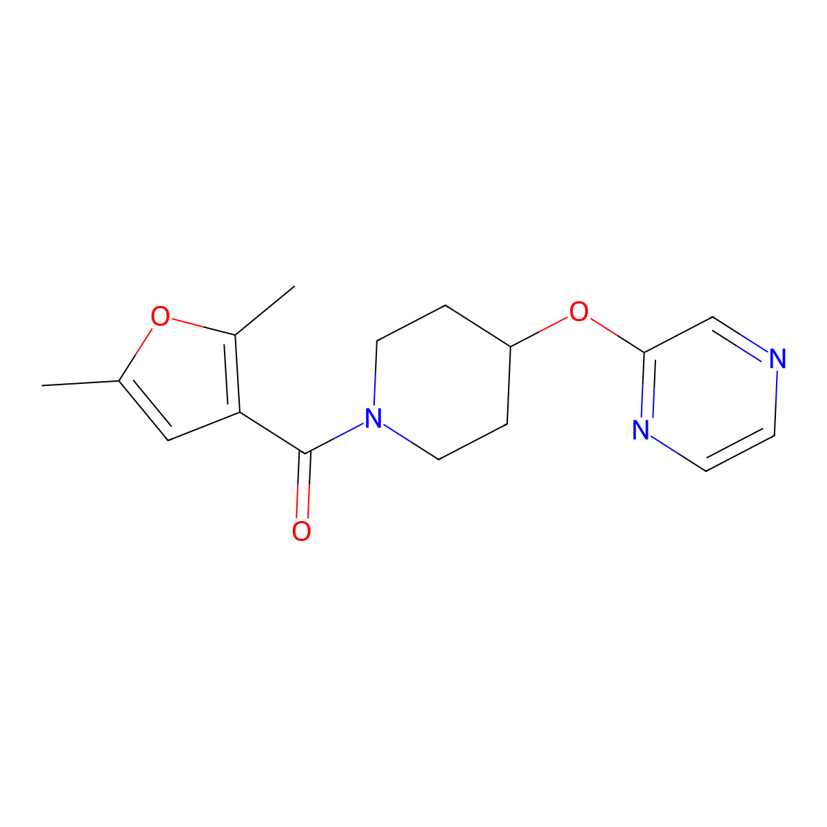 (2,5-Dimethylfuran-3-yl)(4-(pyrazin-2-yloxy)piperidin-1-yl)methanone molecular structure, CAS 1421445-81-9