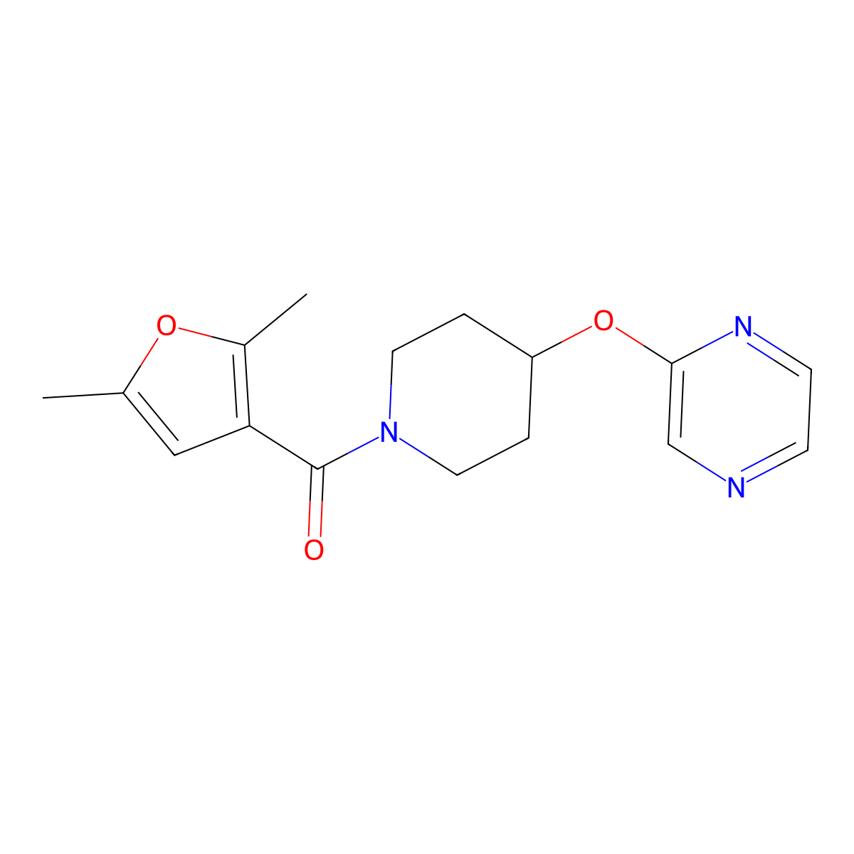 (2,5-Dimethylfuran-3-yl)(4-(pyrazin-2-yloxy)piperidin-1-yl)methanone molecular structure, CAS 1421445-81-9