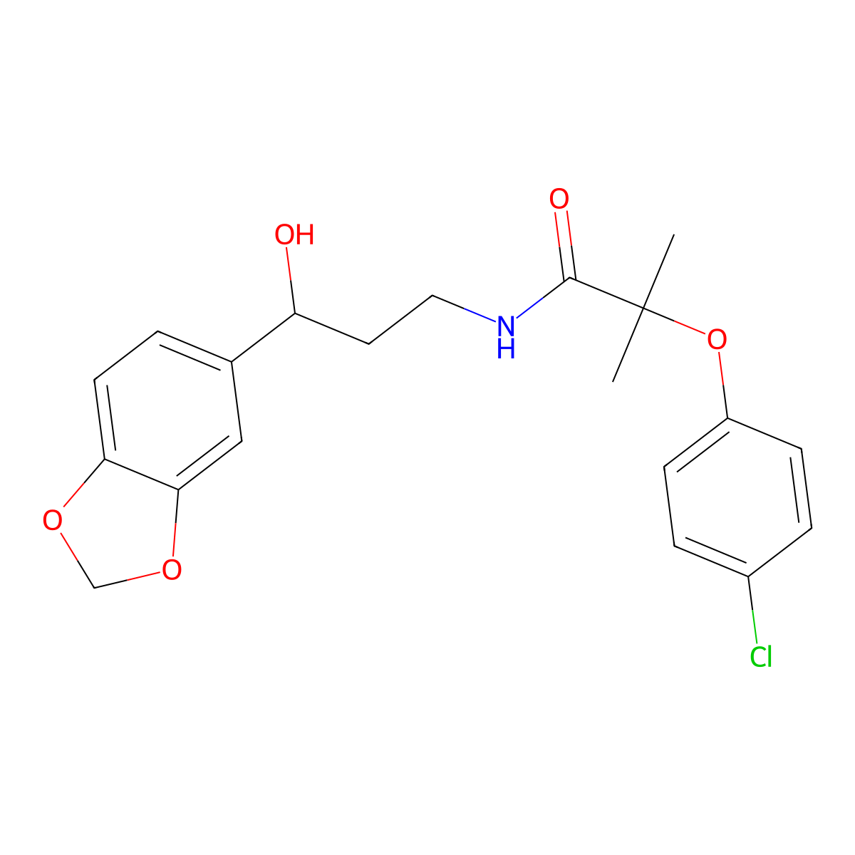 N-(3-(benzo[d][1,3]dioxol-5-yl)-3-hydroxypropyl)-2-(4-chlorophenoxy)-2-methylpropanamide molecular structure, CAS 1421445-82-0