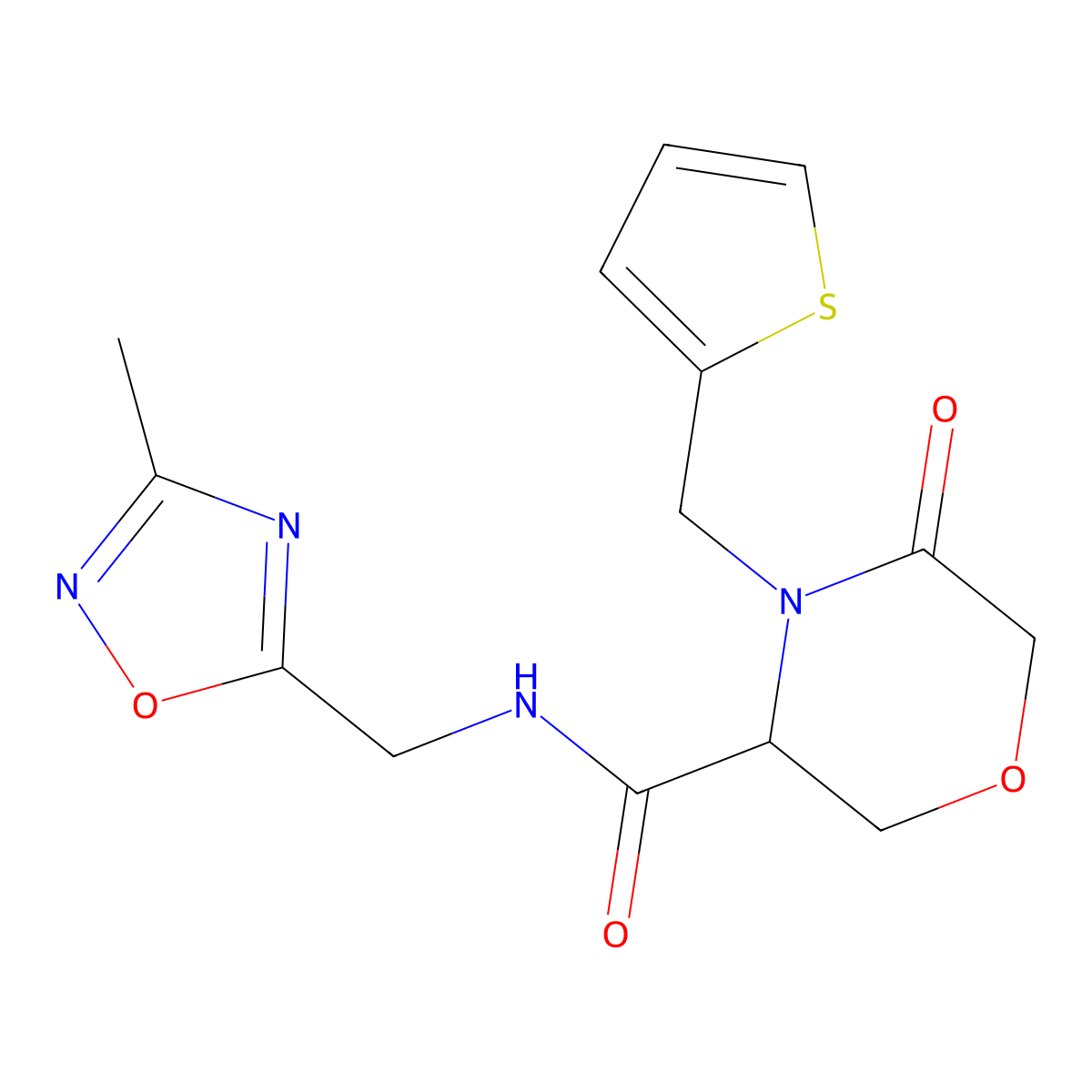 N-((3-methyl-1,2,4-oxadiazol-5-yl)methyl)-5-oxo-4-(thiophen-2-ylmethyl)morpholine-3-carboxamide molecular structure, CAS 1421445-85-3