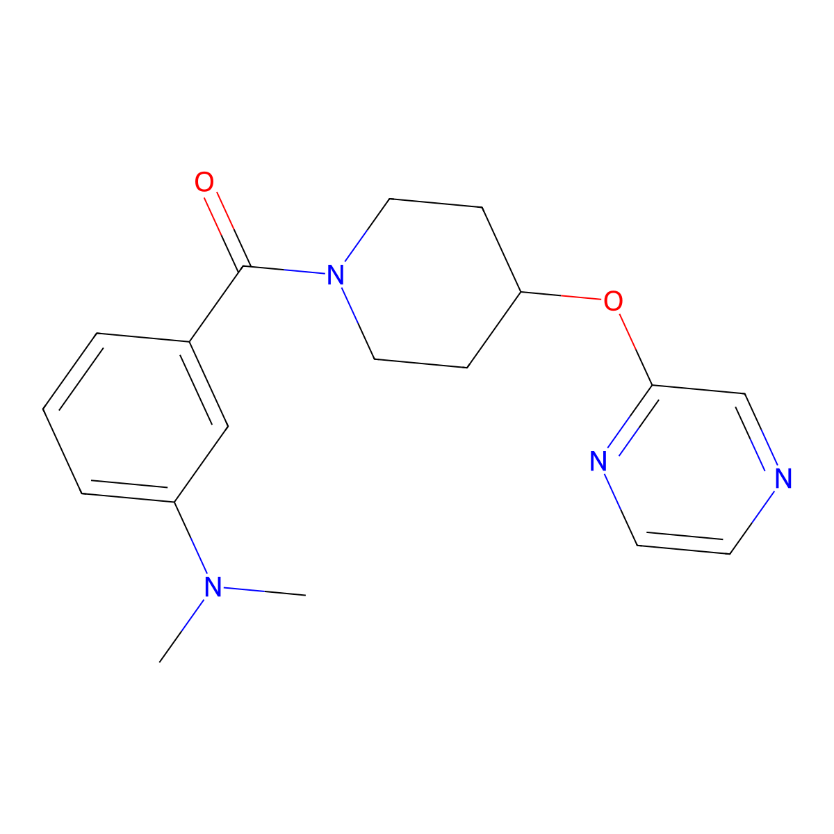 (3-(Dimethylamino)phenyl)(4-(pyrazin-2-yloxy)piperidin-1-yl)methanone molecular structure, CAS 1421445-87-5