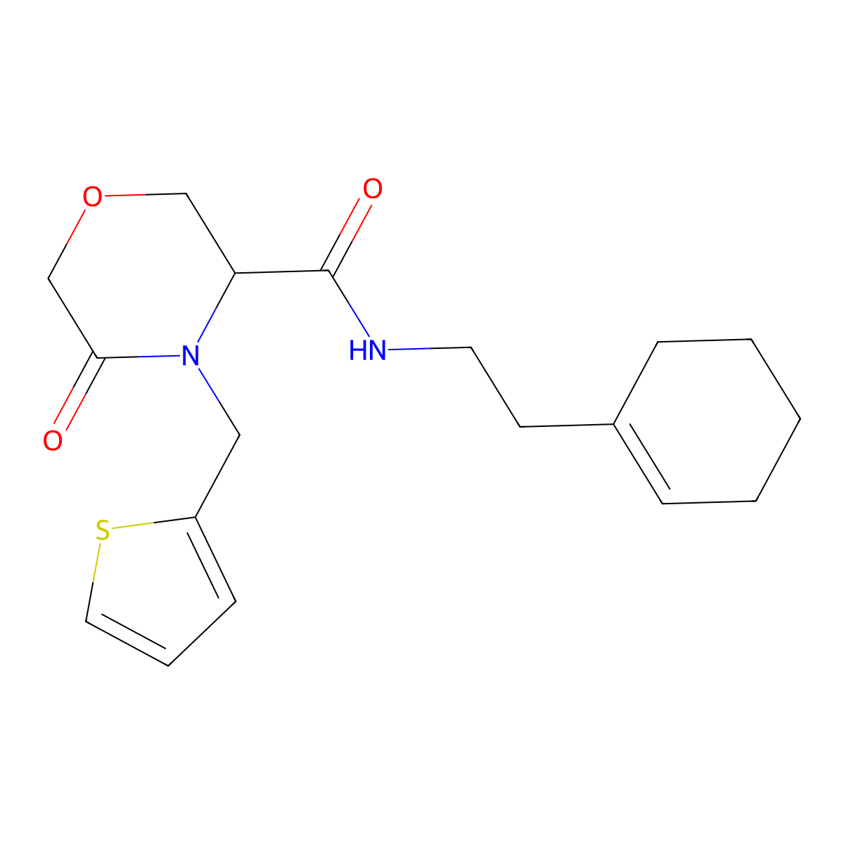 N-(2-(cyclohex-1-en-1-yl)ethyl)-5-oxo-4-(thiophen-2-ylmethyl)morpholine-3-carboxamide molecular structure, CAS 1421445-97-7