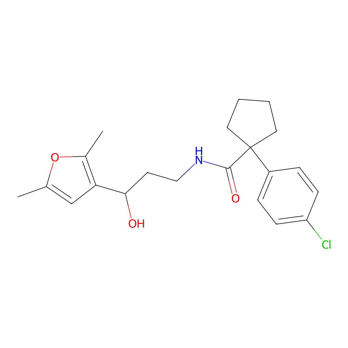 1-(4-chlorophenyl)-N-(3-(2,5-dimethylfuran-3-yl)-3-hydroxypropyl)cyclopentanecarboxamide molecular structure, CAS 1421446-06-1