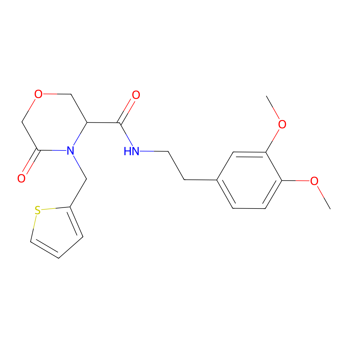 N-(3,4-dimethoxyphenethyl)-5-oxo-4-(thiophen-2-ylmethyl)morpholine-3-carboxamide molecular structure, CAS 1421446-09-4