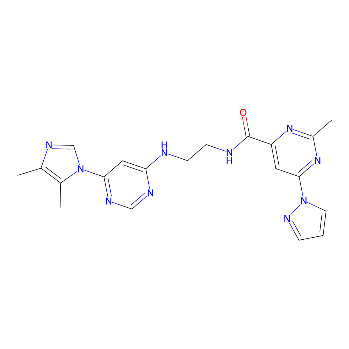 N-(2-((6-(4,5-dimethyl-1H-imidazol-1-yl)pyrimidin-4-yl)amino)ethyl)-2-methyl-6-(1H-pyrazol-1-yl)pyrimidine-4-carboxamide molecular structure, CAS 1421446-13-0