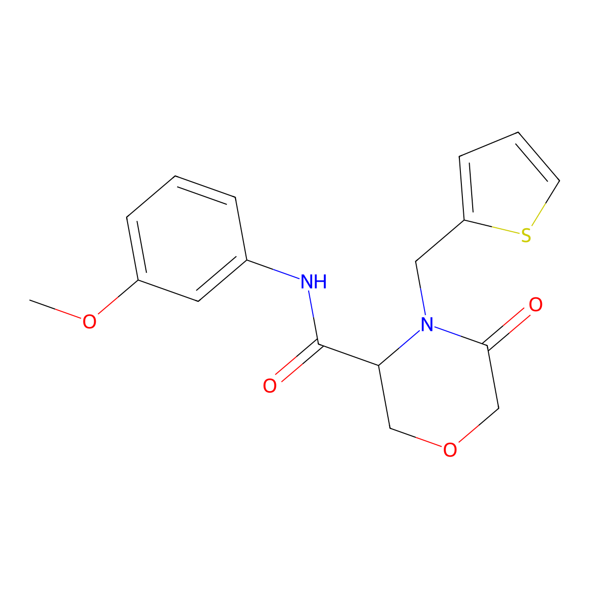 N-(3-methoxyphenyl)-5-oxo-4-(thiophen-2-ylmethyl)morpholine-3-carboxamide molecular structure, CAS 1421446-21-0