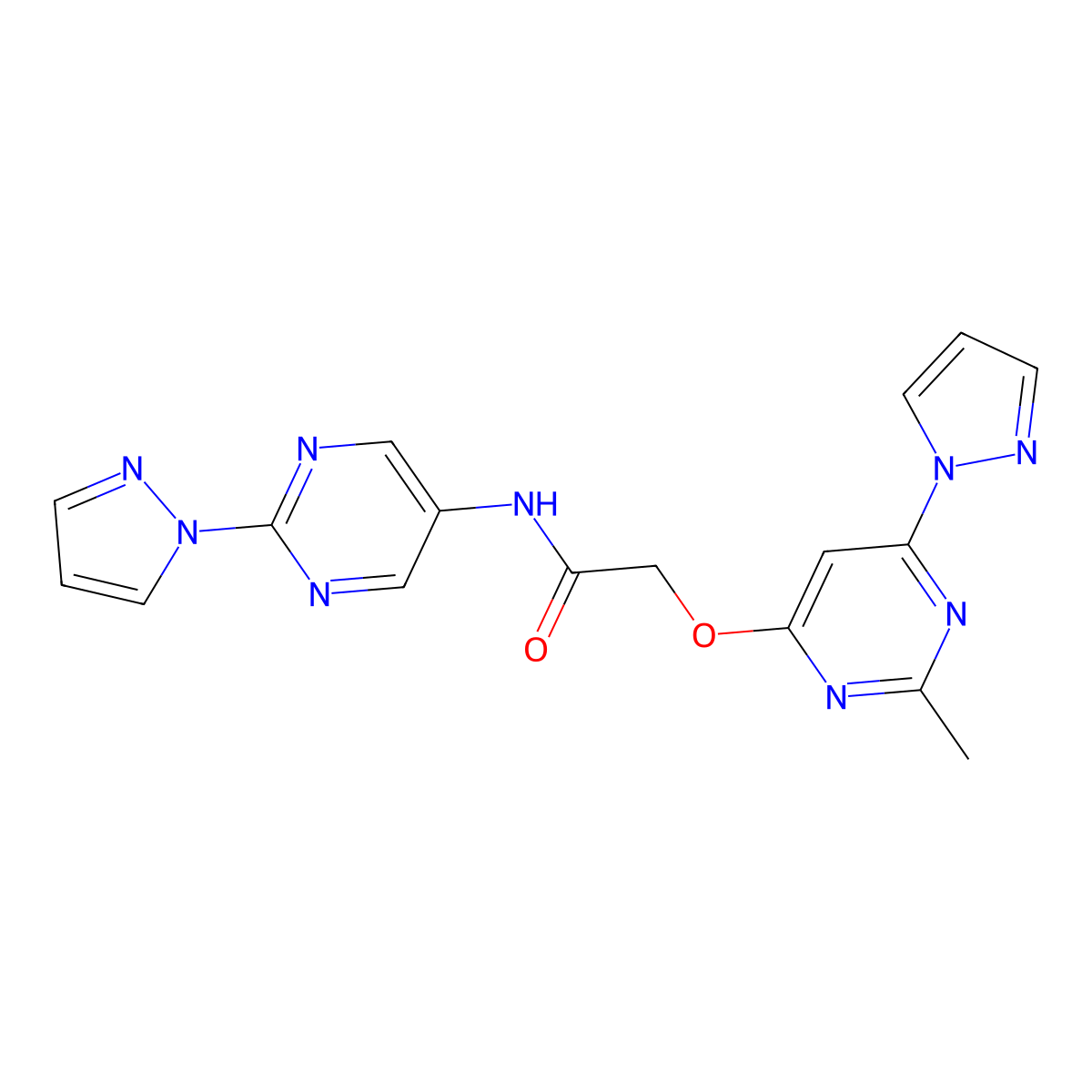 N-(2-(1H-pyrazol-1-yl)pyrimidin-5-yl)-2-((2-methyl-6-(1H-pyrazol-1-yl)pyrimidin-4-yl)oxy)acetamide molecular structure, CAS 1421446-23-2