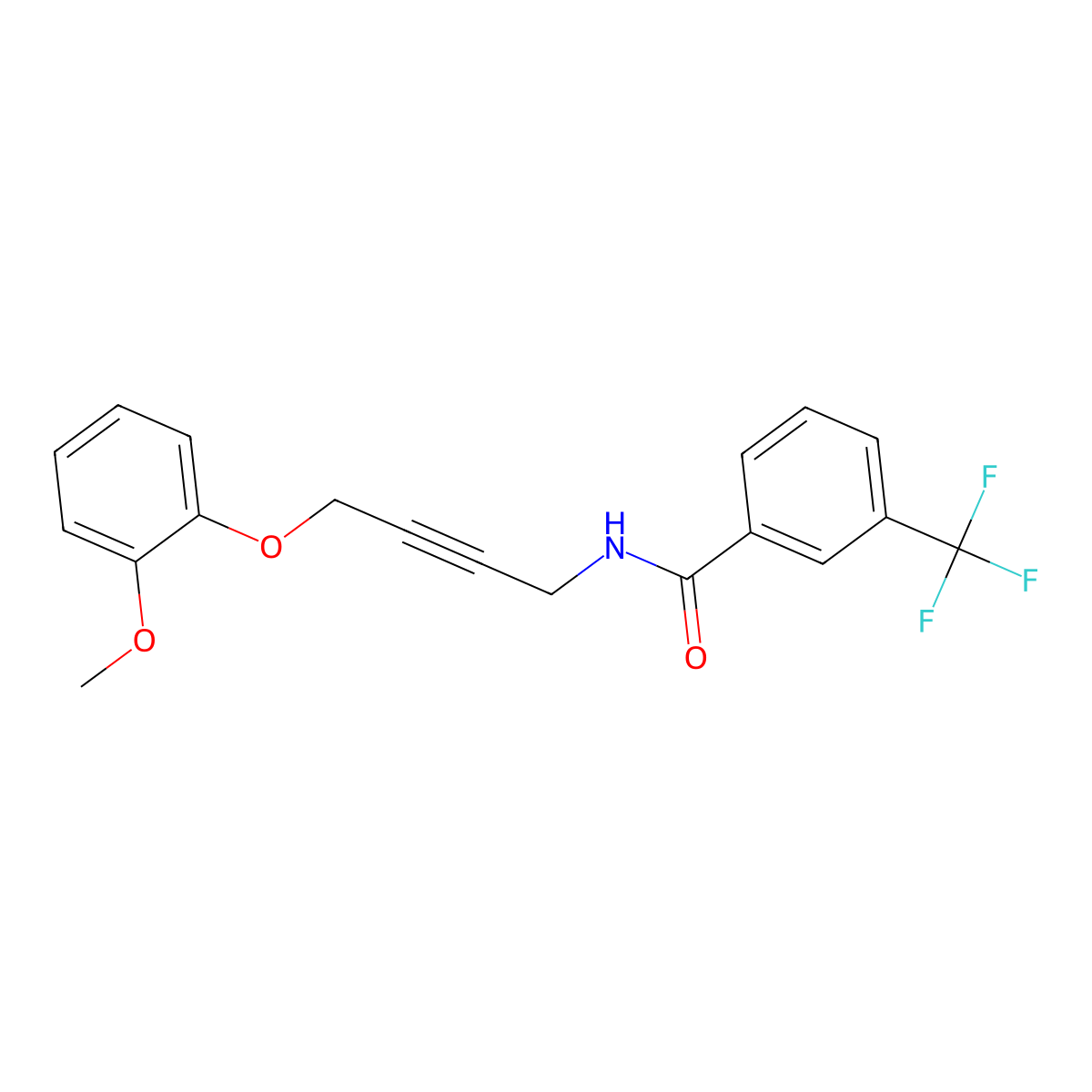 N-(4-(2-methoxyphenoxy)but-2-yn-1-yl)-3-(trifluoromethyl)benzamide molecular structure, CAS 1421446-29-8