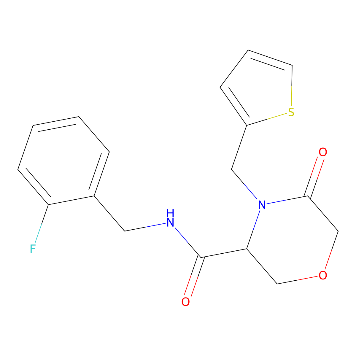 N-(2-fluorobenzyl)-5-oxo-4-(thiophen-2-ylmethyl)morpholine-3-carboxamide molecular structure, CAS 1421446-43-6