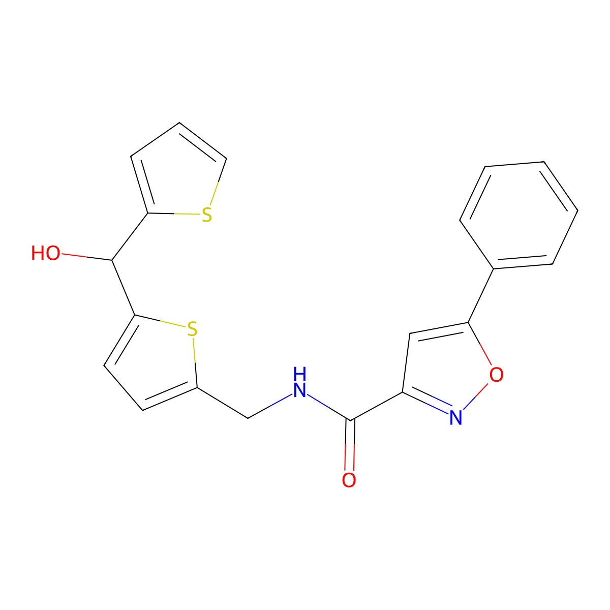 N-((5-(hydroxy(thiophen-2-yl)methyl)thiophen-2-yl)methyl)-5-phenylisoxazole-3-carboxamide molecular structure, CAS 1421448-82-9