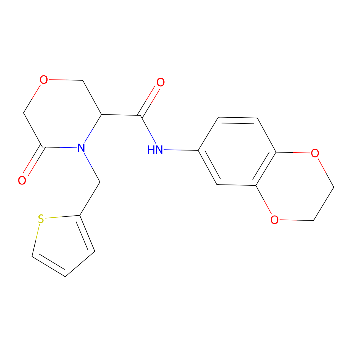 N-(2,3-dihydrobenzo[b][1,4]dioxin-6-yl)-5-oxo-4-(thiophen-2-ylmethyl)morpholine-3-carboxamide molecular structure, CAS 1421448-83-0