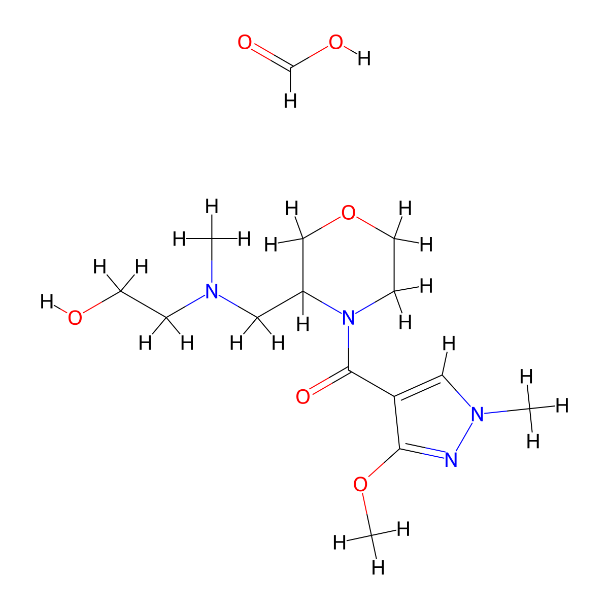 (3-(((2-hydroxyethyl)(methyl)amino)methyl)morpholino)(3-methoxy-1-methyl-1H-pyrazol-4-yl)methanone formate molecular structure, CAS 1421448-86-3