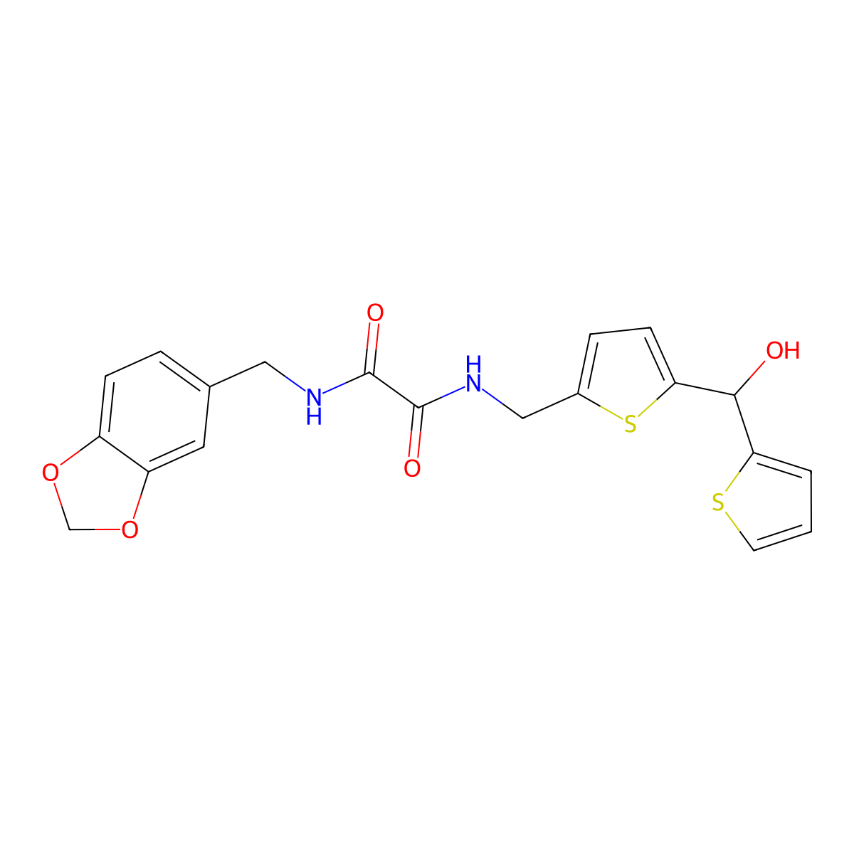 N1-(benzo[d][1,3]dioxol-5-ylmethyl)-N2-((5-(hydroxy(thiophen-2-yl)methyl)thiophen-2-yl)methyl)oxalamide molecular structure, CAS 1421448-94-3