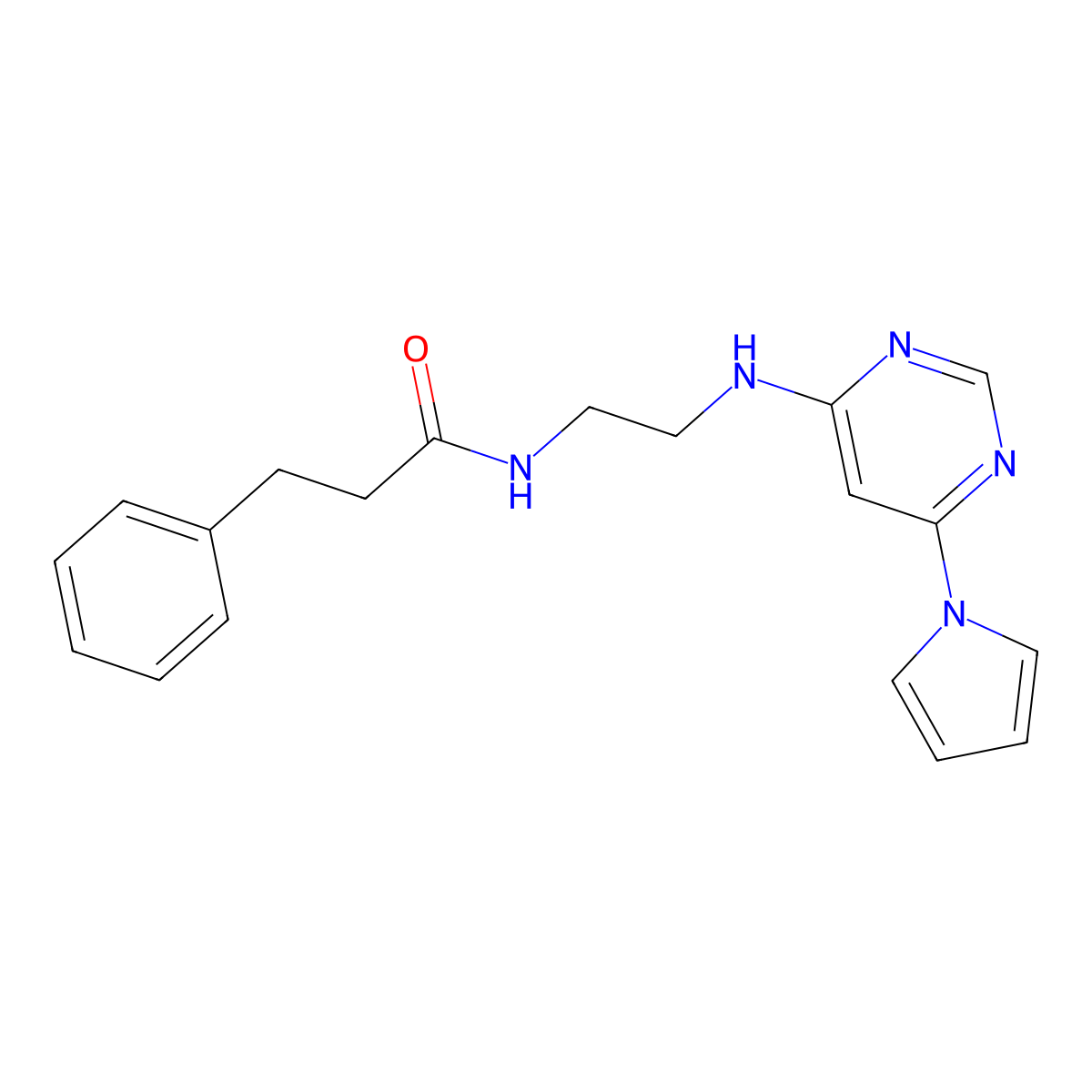 N-(2-((6-(1H-pyrrol-1-yl)pyrimidin-4-yl)amino)ethyl)-3-phenylpropanamide molecular structure, CAS 1421448-98-7