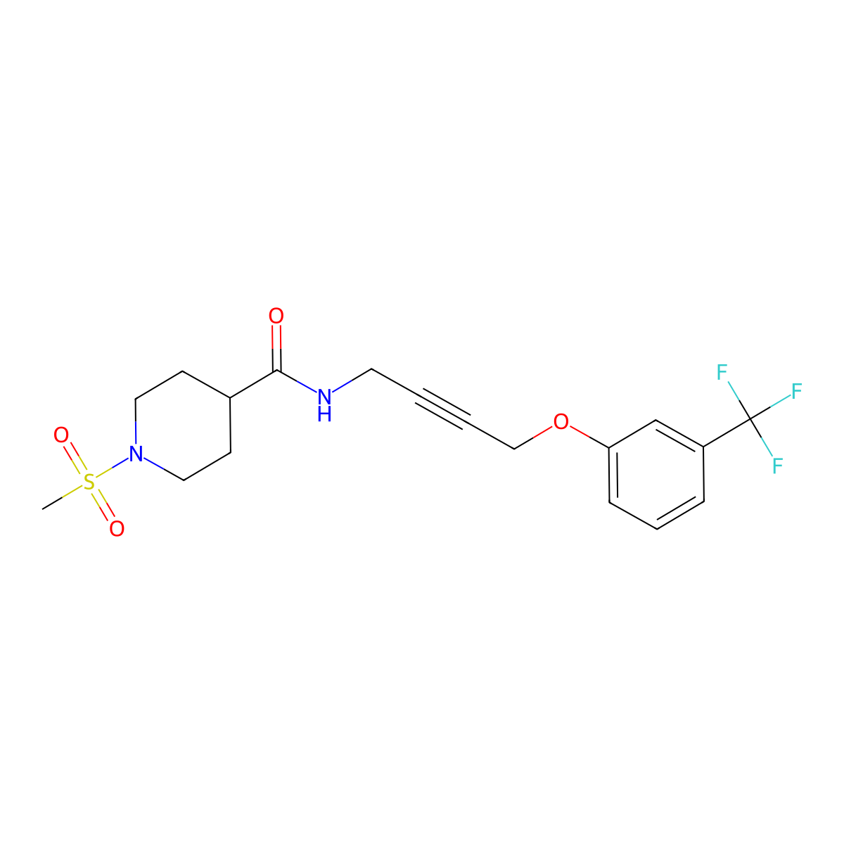 1-(methylsulfonyl)-N-(4-(3-(trifluoromethyl)phenoxy)but-2-yn-1-yl)piperidine-4-carboxamide molecular structure, CAS 1421448-99-8