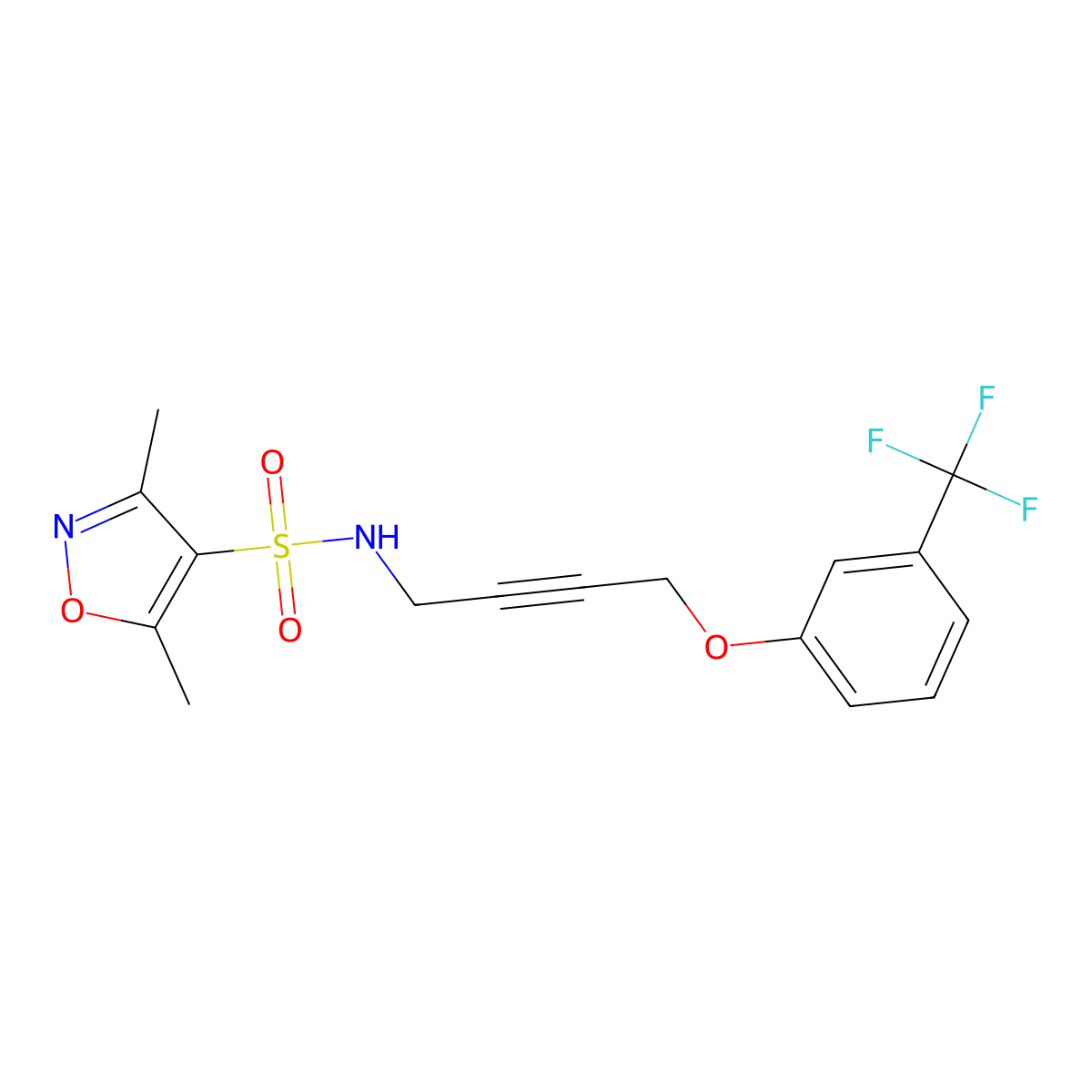 3,5-dimethyl-N-(4-(3-(trifluoromethyl)phenoxy)but-2-yn-1-yl)isoxazole-4-sulfonamide molecular structure, CAS 1421449-06-0