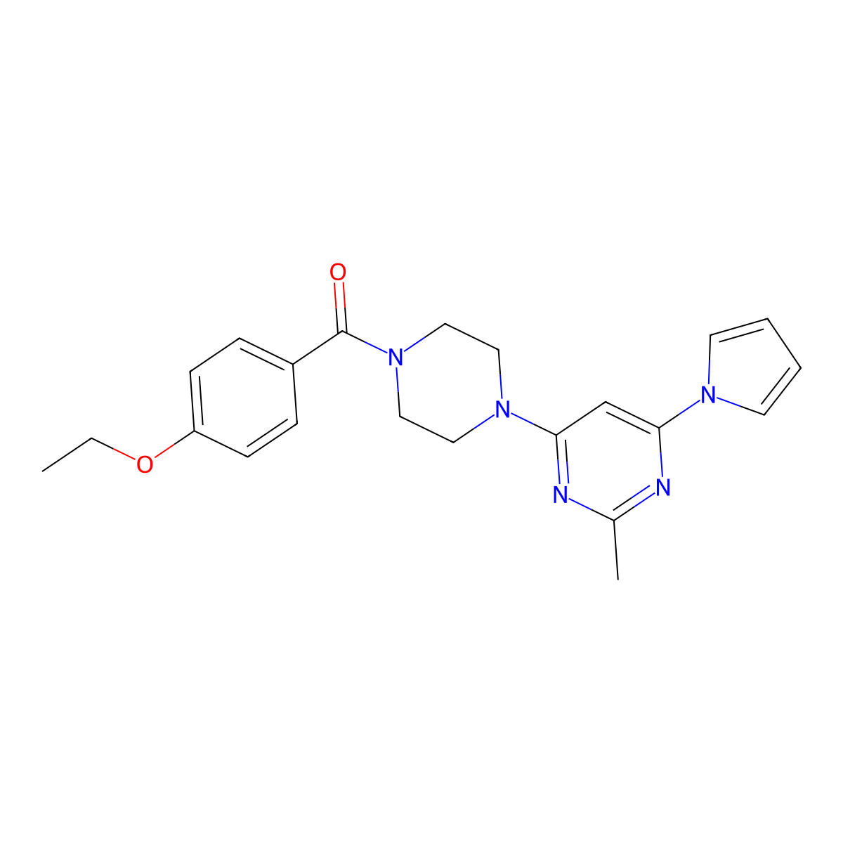 (4-ethoxyphenyl)(4-(2-methyl-6-(1H-pyrrol-1-yl)pyrimidin-4-yl)piperazin-1-yl)methanone molecular structure, CAS 1421449-07-1