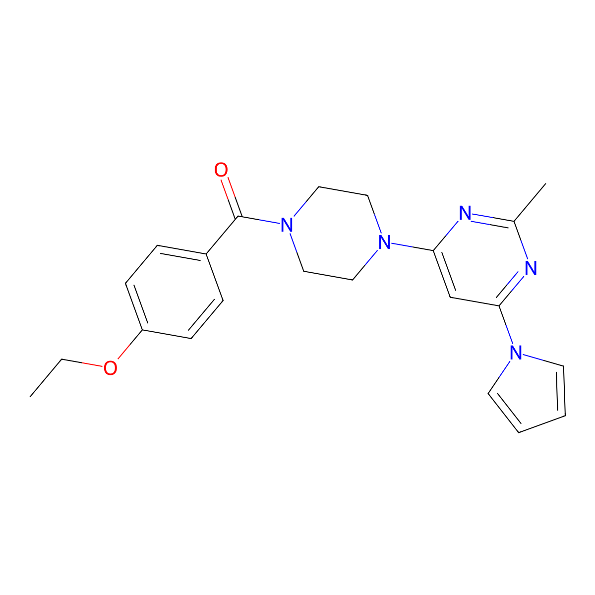 (4-ethoxyphenyl)(4-(2-methyl-6-(1H-pyrrol-1-yl)pyrimidin-4-yl)piperazin-1-yl)methanone molecular structure, CAS 1421449-07-1