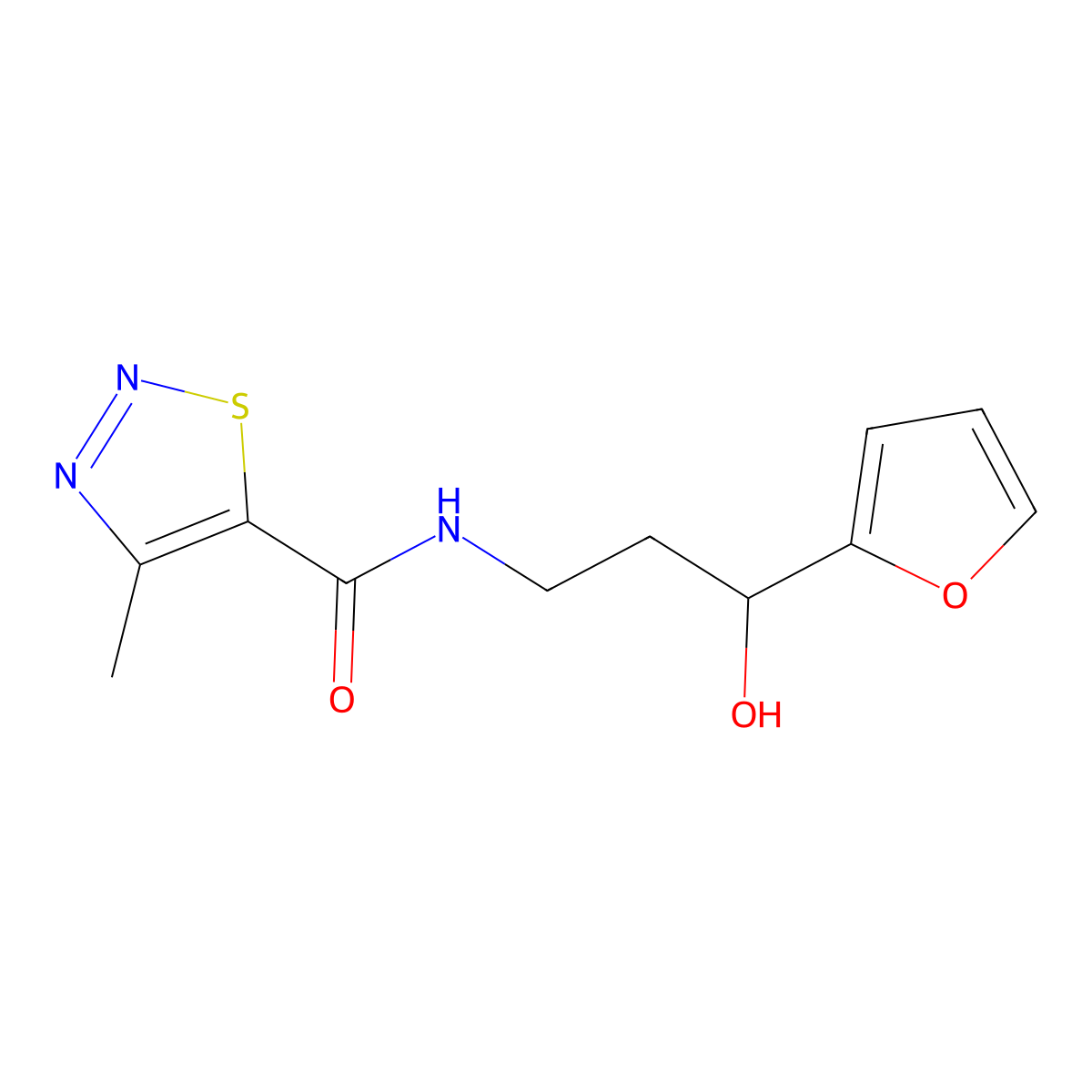 N-(3-(furan-2-yl)-3-hydroxypropyl)-4-methyl-1,2,3-thiadiazole-5-carboxamide molecular structure, CAS 1421449-12-8