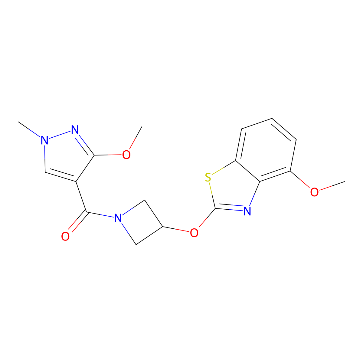 4-methoxy-2-{[1-(3-methoxy-1-methyl-1H-pyrazole-4-carbonyl)azetidin-3-yl]oxy}-1,3-benzothiazole molecular structure, CAS 1421449-14-0
