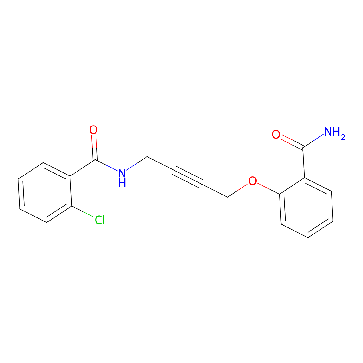 N-(4-(2-carbamoylphenoxy)but-2-yn-1-yl)-2-chlorobenzamide molecular structure, CAS 1421449-15-1