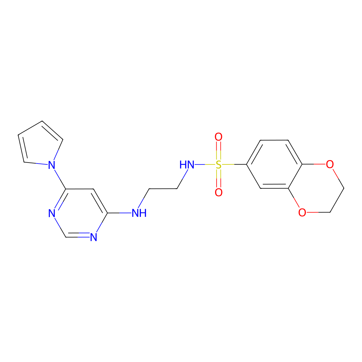 N-(2-((6-(1H-pyrrol-1-yl)pyrimidin-4-yl)amino)ethyl)-2,3-dihydrobenzo[b][1,4]dioxine-6-sulfonamide molecular structure, CAS 1421449-17-3