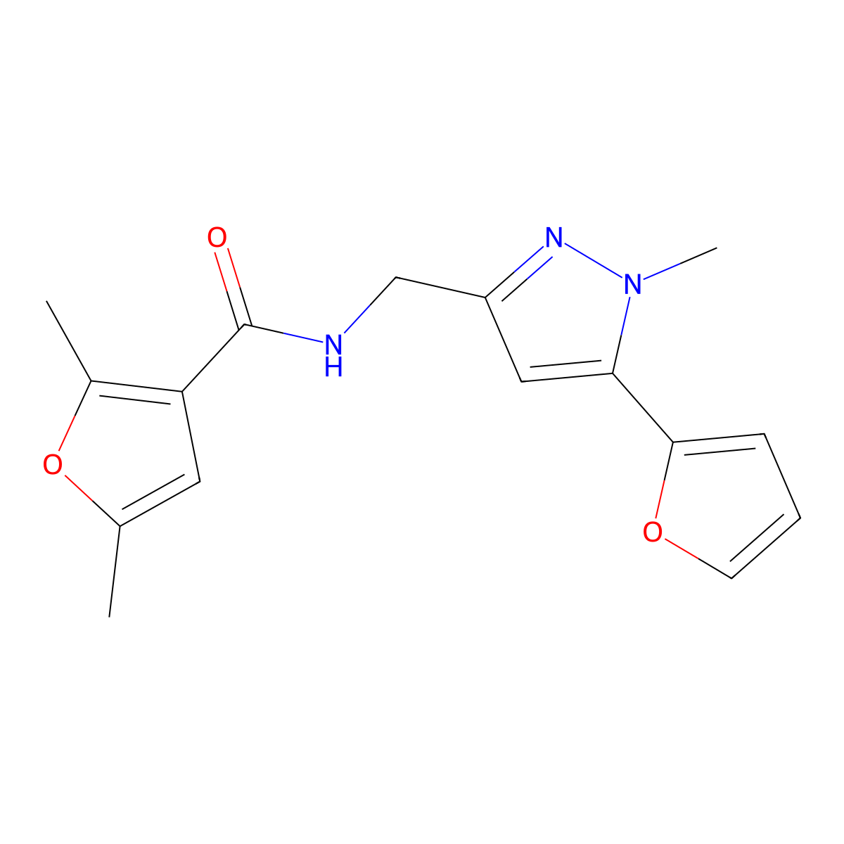 N-{[5-(furan-2-yl)-1-methyl-1H-pyrazol-3-yl]methyl}-2,5-dimethylfuran-3-carboxamide molecular structure, CAS 1421449-24-2
