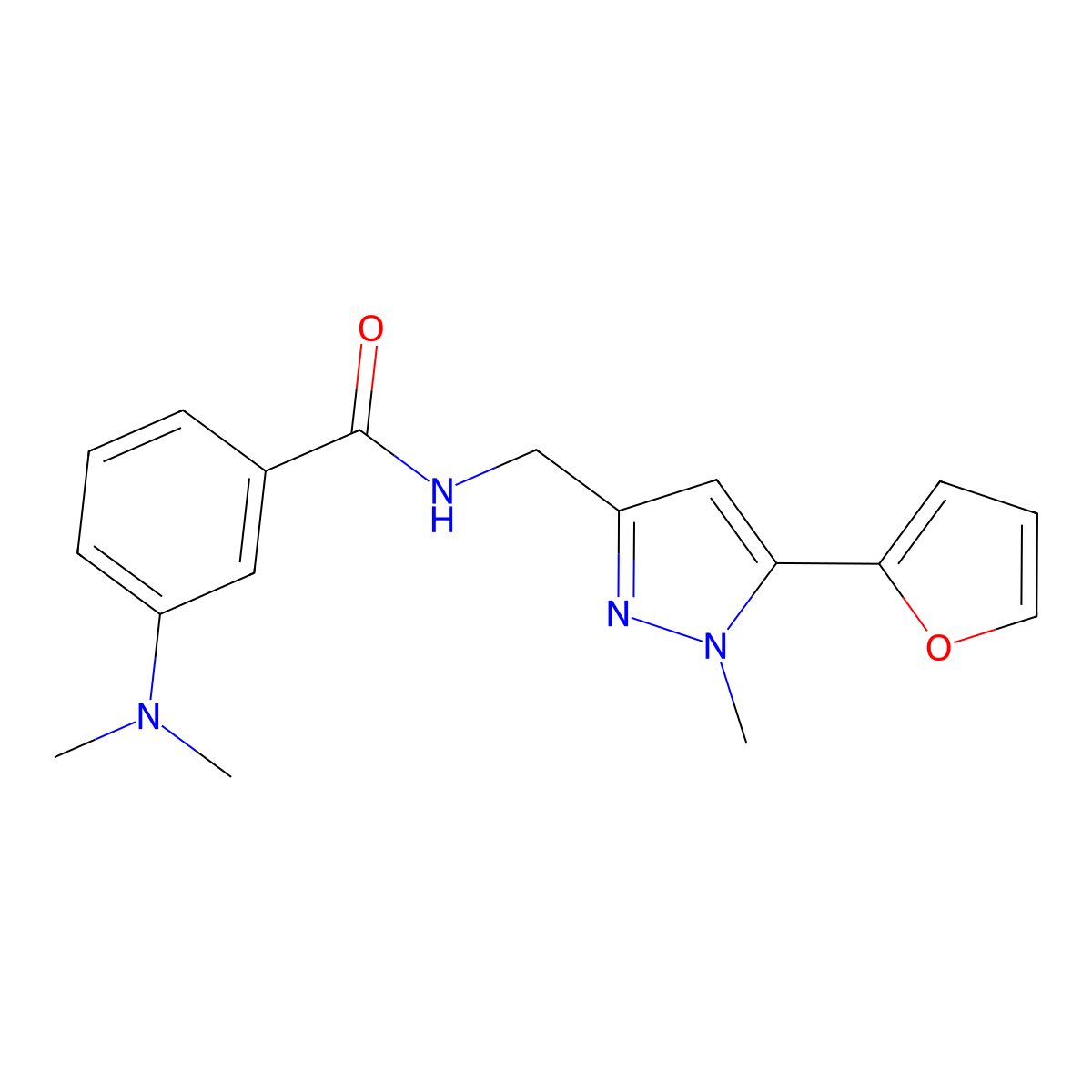 3-(dimethylamino)-N-{[5-(furan-2-yl)-1-methyl-1H-pyrazol-3-yl]methyl}benzamide molecular structure, CAS 1421449-30-0
