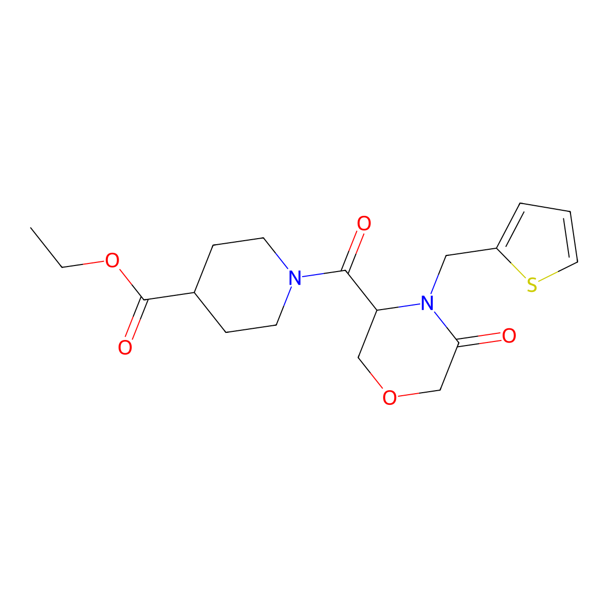 Ethyl 1-(5-oxo-4-(thiophen-2-ylmethyl)morpholine-3-carbonyl)piperidine-4-carboxylate molecular structure, CAS 1421449-32-2