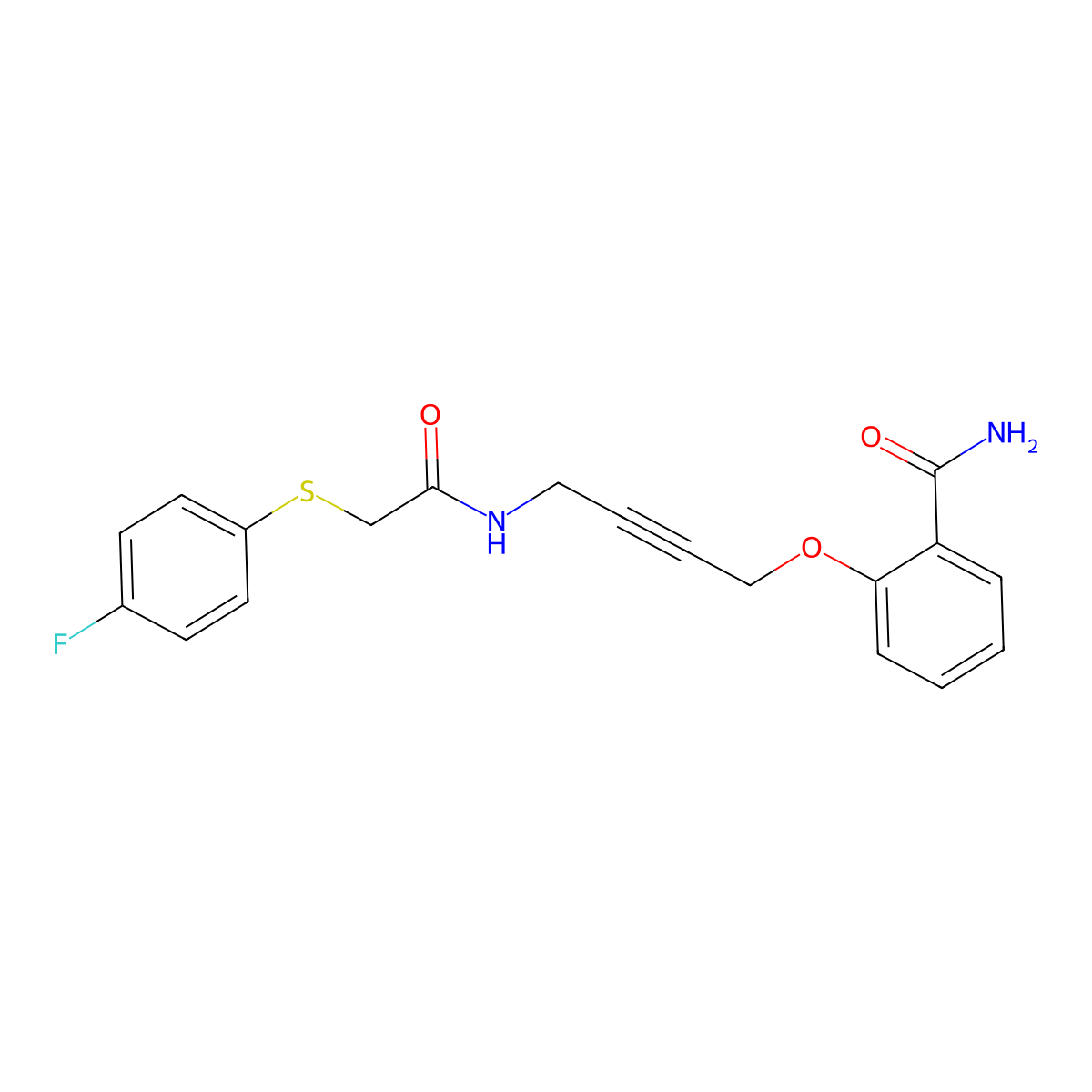2-((4-(2-((4-Fluorophenyl)thio)acetamido)but-2-yn-1-yl)oxy)benzamide molecular structure, CAS 1421449-33-3