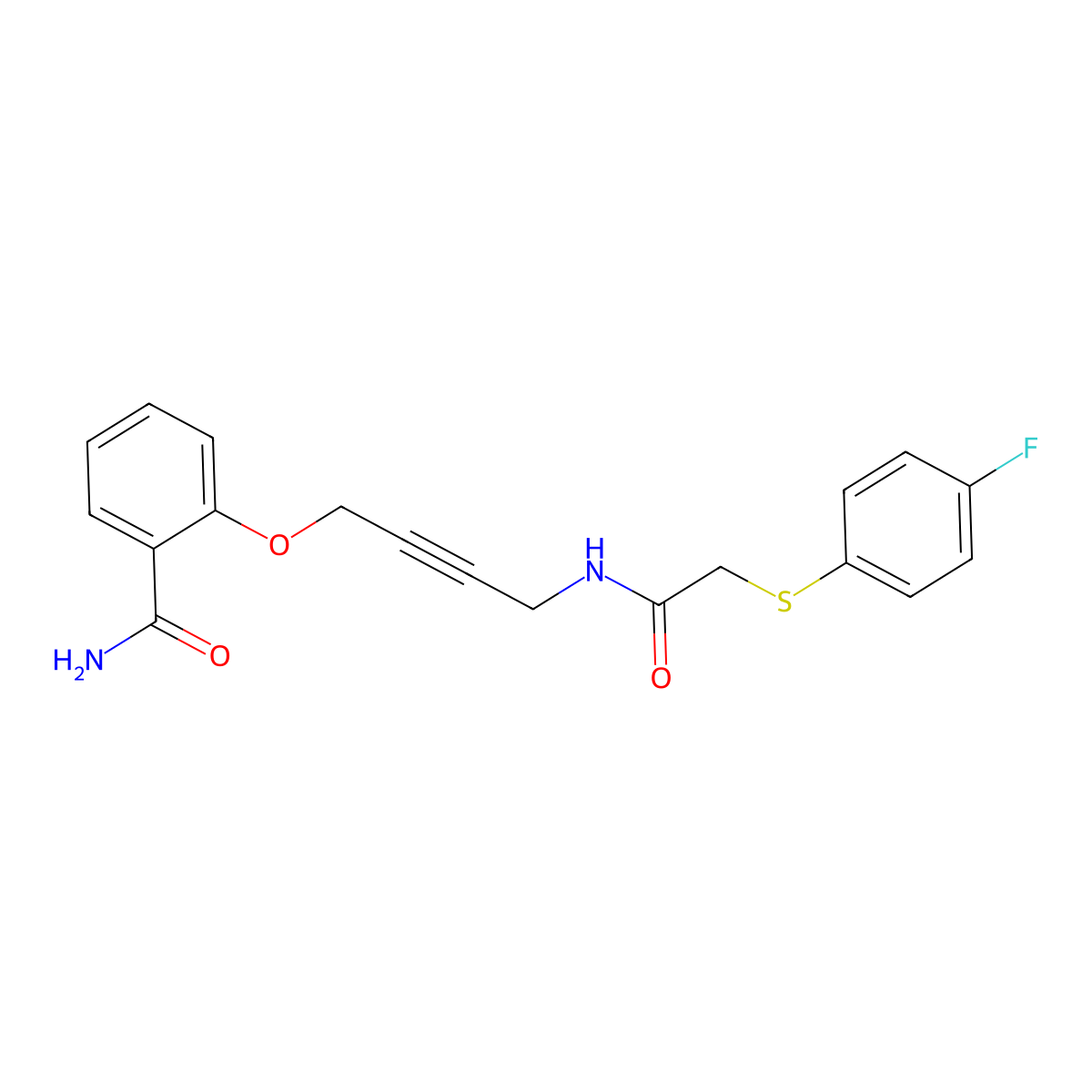 2-((4-(2-((4-Fluorophenyl)thio)acetamido)but-2-yn-1-yl)oxy)benzamide molecular structure, CAS 1421449-33-3