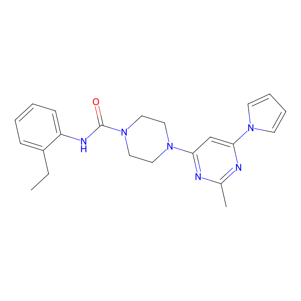 N-(2-ethylphenyl)-4-(2-methyl-6-(1H-pyrrol-1-yl)pyrimidin-4-yl)piperazine-1-carboxamide molecular structure, CAS 1421449-34-4