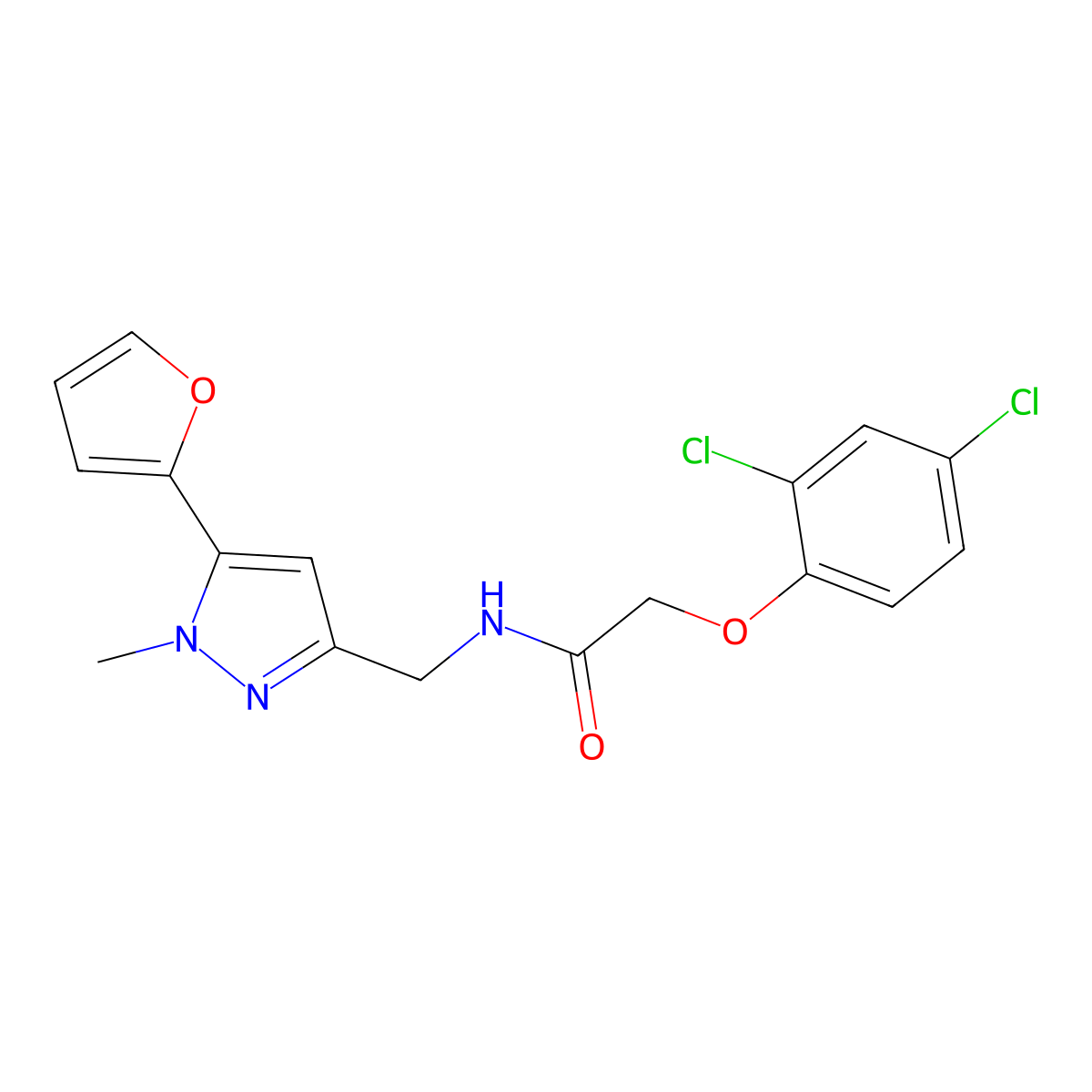 2-(2,4-dichlorophenoxy)-N-((5-(furan-2-yl)-1-methyl-1H-pyrazol-3-yl)methyl)acetamide molecular structure, CAS 1421449-40-2