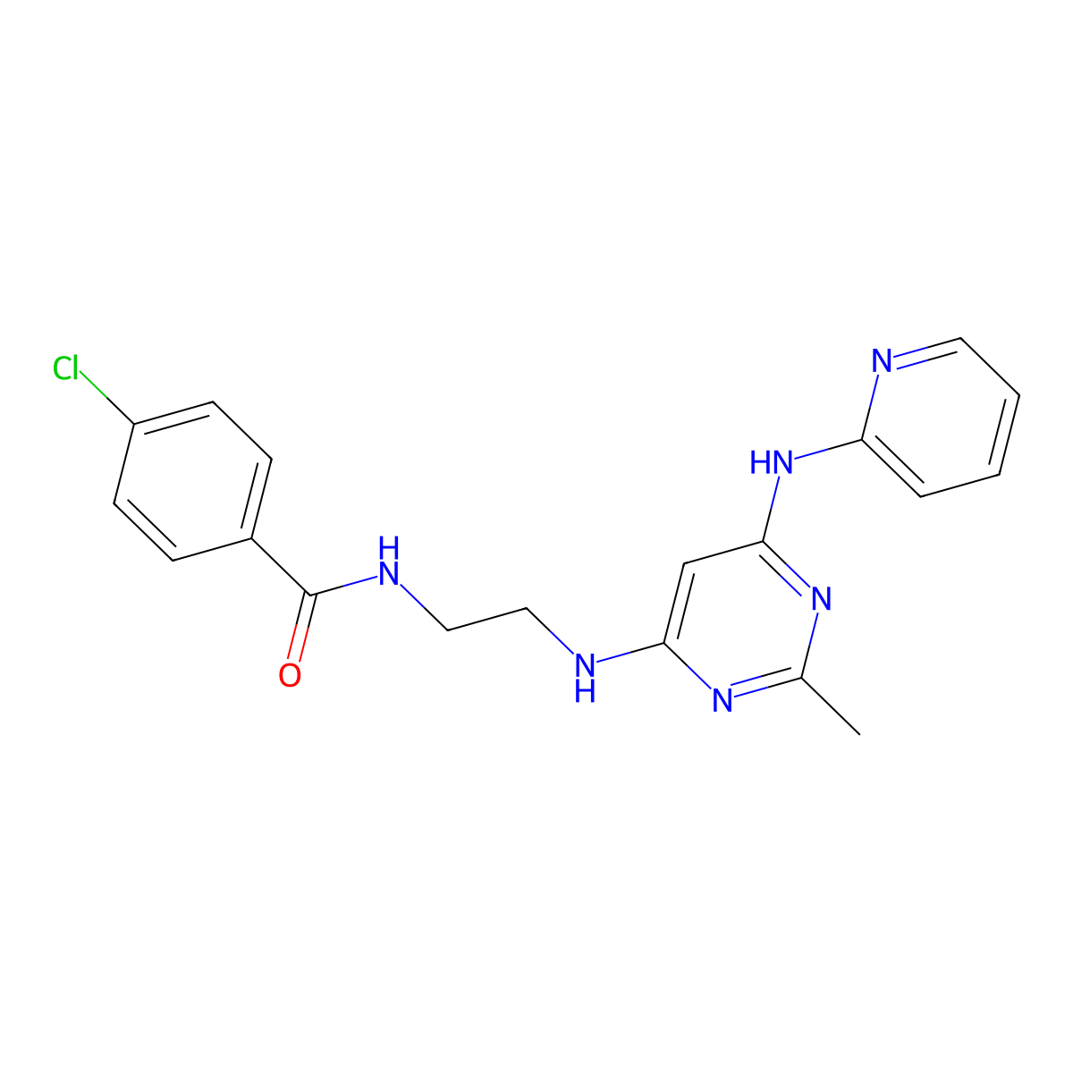 4-chloro-N-(2-((2-methyl-6-(pyridin-2-ylamino)pyrimidin-4-yl)amino)ethyl)benzamide molecular structure, CAS 1421449-41-3