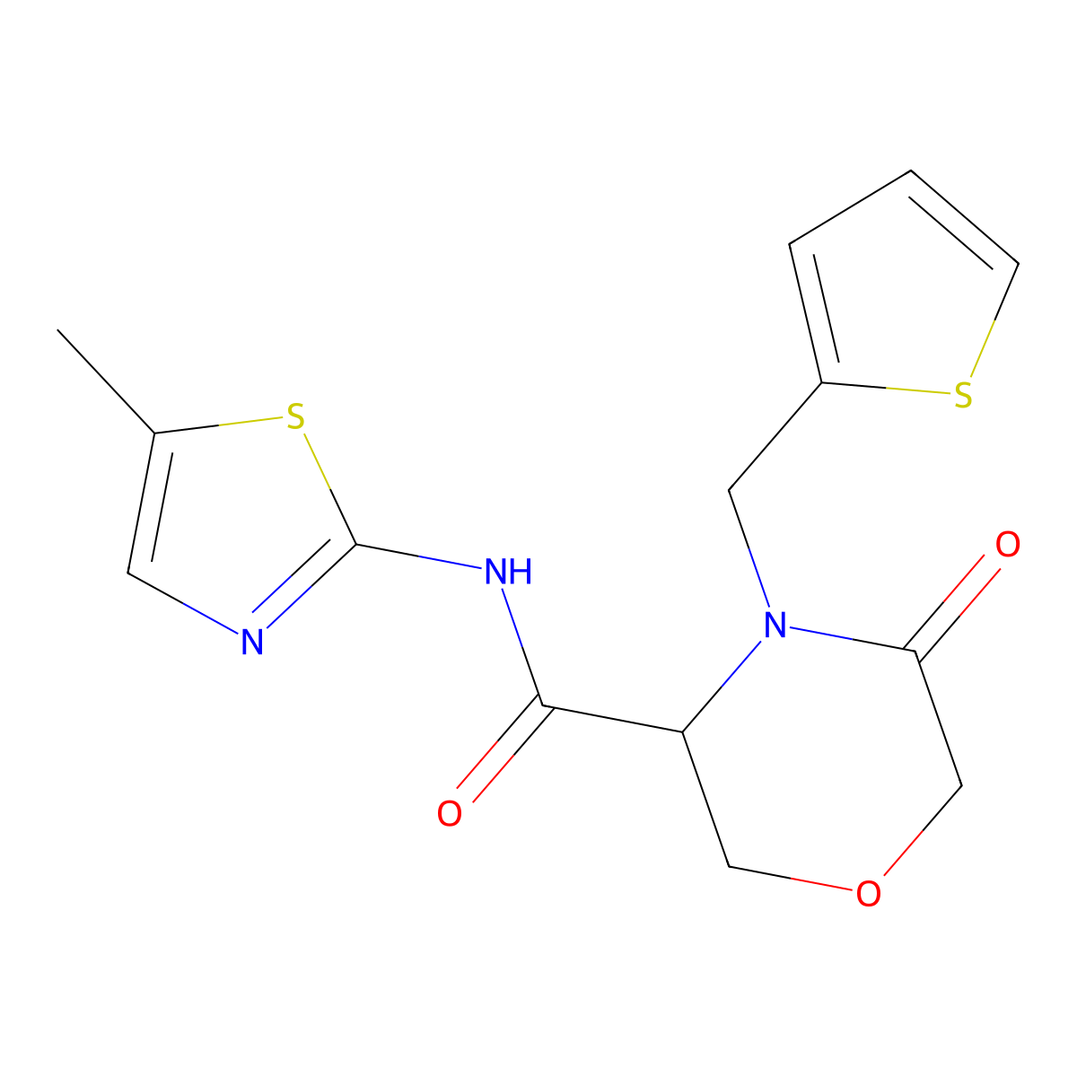 N-(5-methylthiazol-2-yl)-5-oxo-4-(thiophen-2-ylmethyl)morpholine-3-carboxamide molecular structure, CAS 1421449-42-4