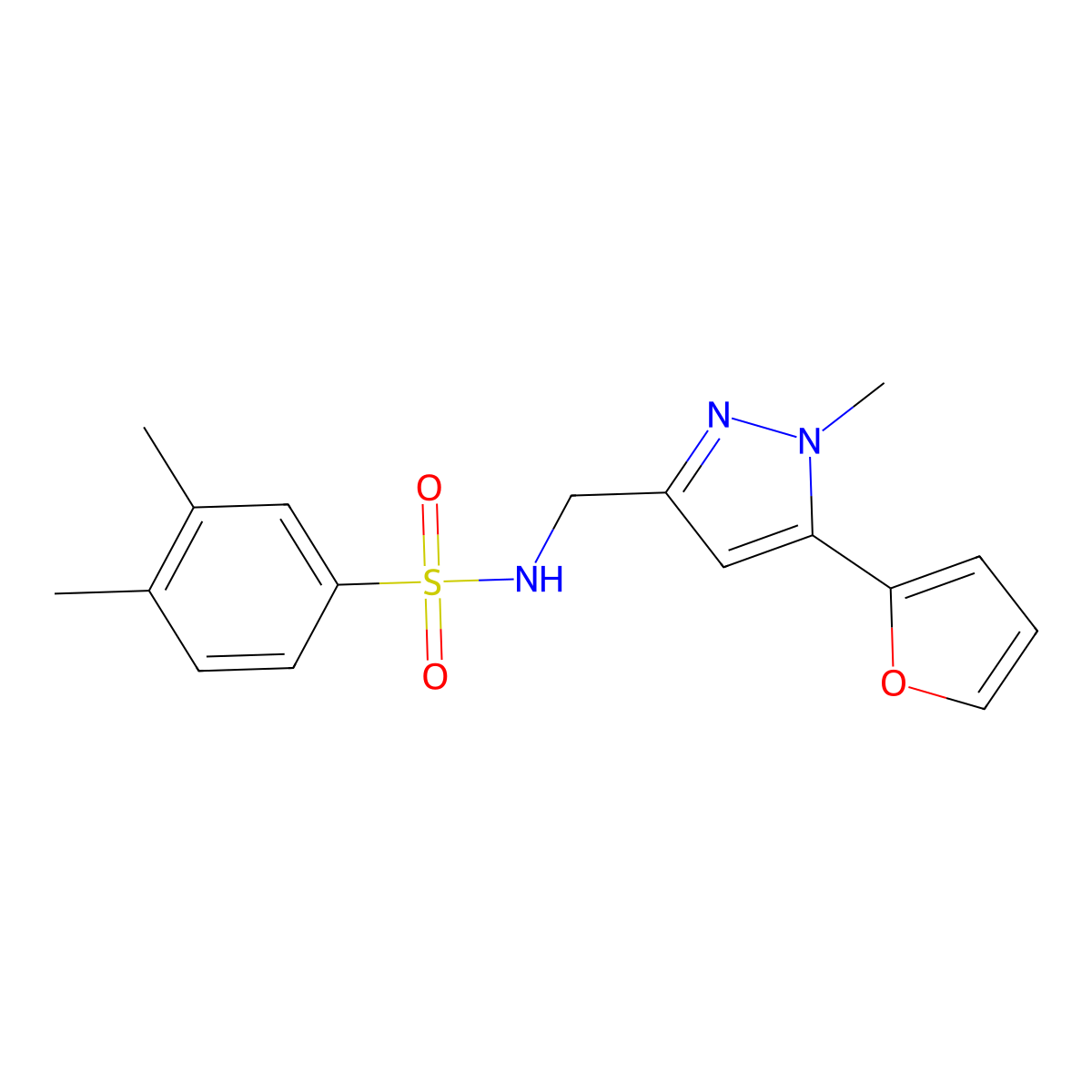 N-((5-(furan-2-yl)-1-methyl-1H-pyrazol-3-yl)methyl)-3,4-dimethylbenzenesulfonamide molecular structure, CAS 1421449-49-1