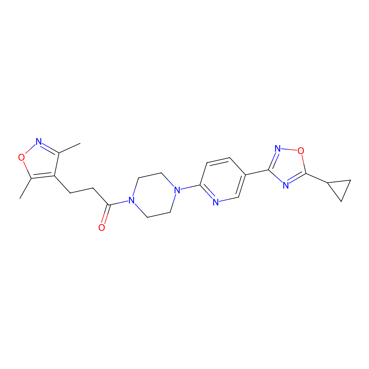 1-(4-(5-(5-Cyclopropyl-1,2,4-oxadiazol-3-yl)pyridin-2-yl)piperazin-1-yl)-3-(3,5-dimethylisoxazol-4-yl)propan-1-one molecular structure, CAS 1421449-52-6