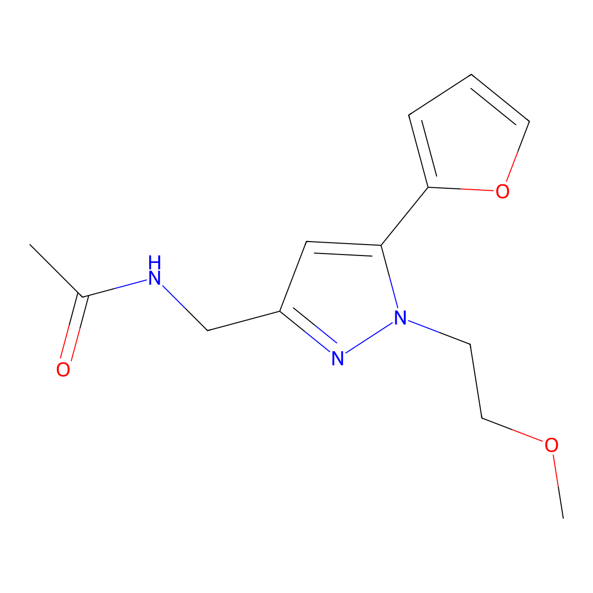 N-{[5-(furan-2-yl)-1-(2-methoxyethyl)-1H-pyrazol-3-yl]methyl}acetamide molecular structure, CAS 1421449-55-9