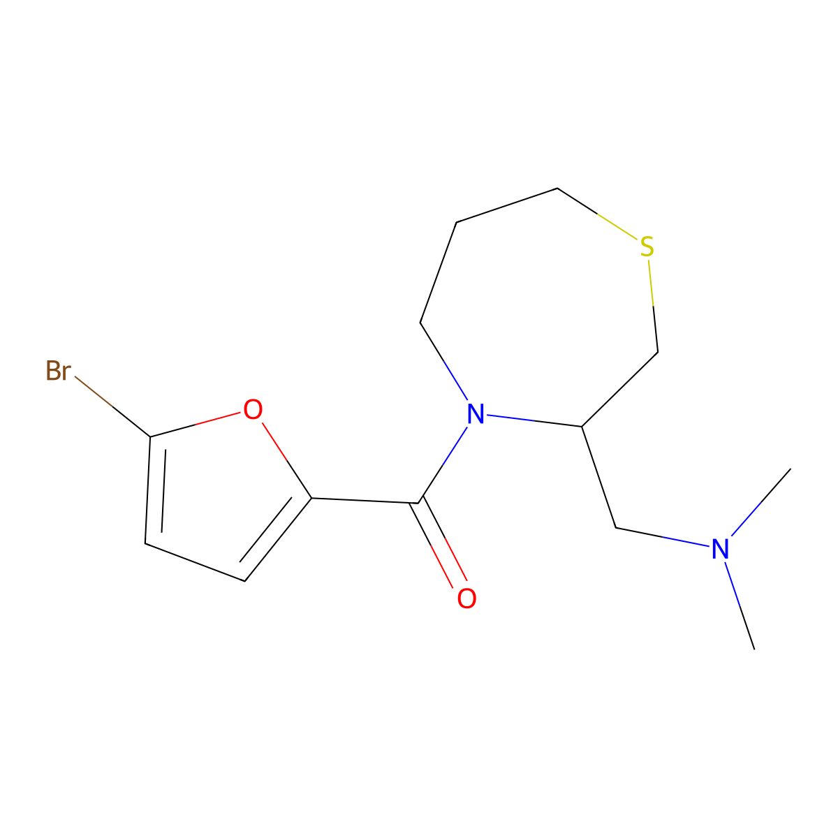 (5-Bromofuran-2-yl)(3-((dimethylamino)methyl)-1,4-thiazepan-4-yl)methanone molecular structure, CAS 1421449-59-3